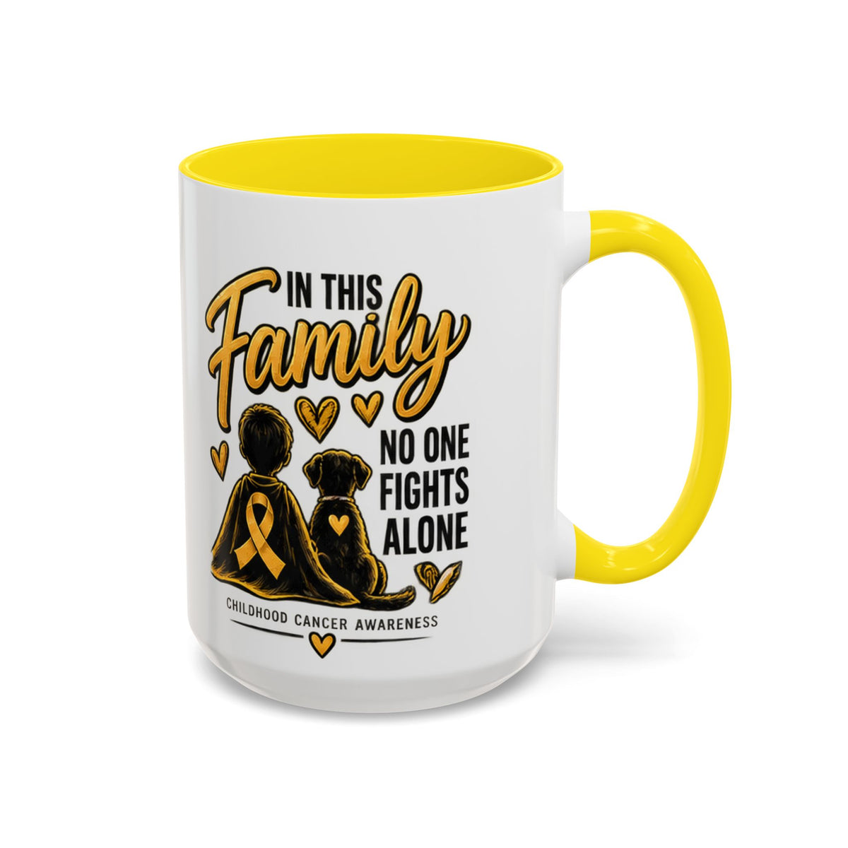 Childhood Cancer Awareness Accent Coffee Mug – "In This Family No One Fights Alone" (11/15oz)