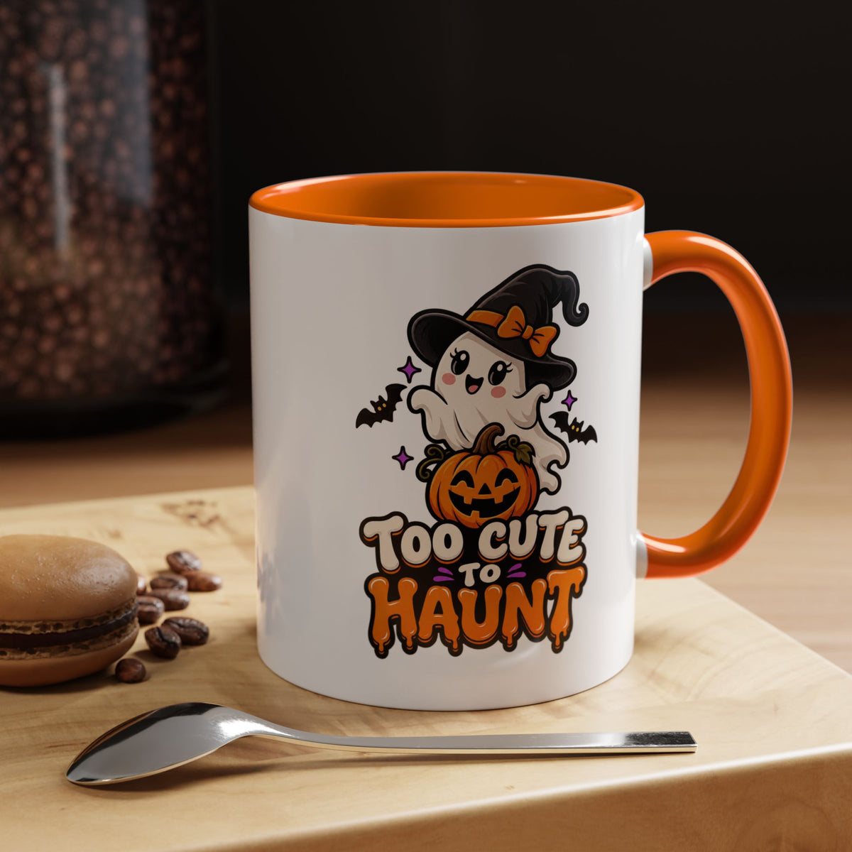 Halloween Coffee Mug - 'Too Cute to Haunt' Ghost Pumpkin Accent Mug