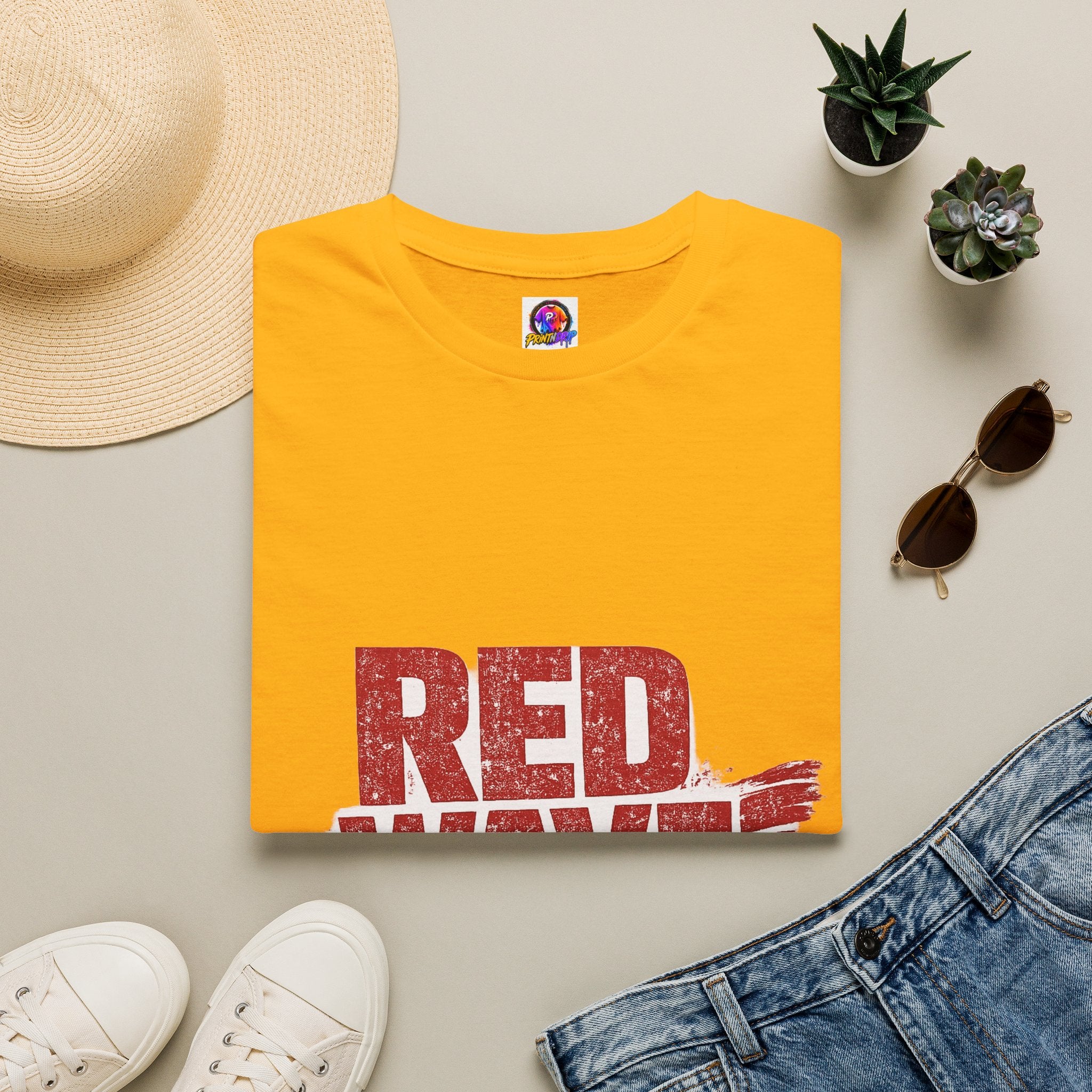 South Korea Red Wave Graphic T‑Shirt — Vintage Distressed Logo Tee