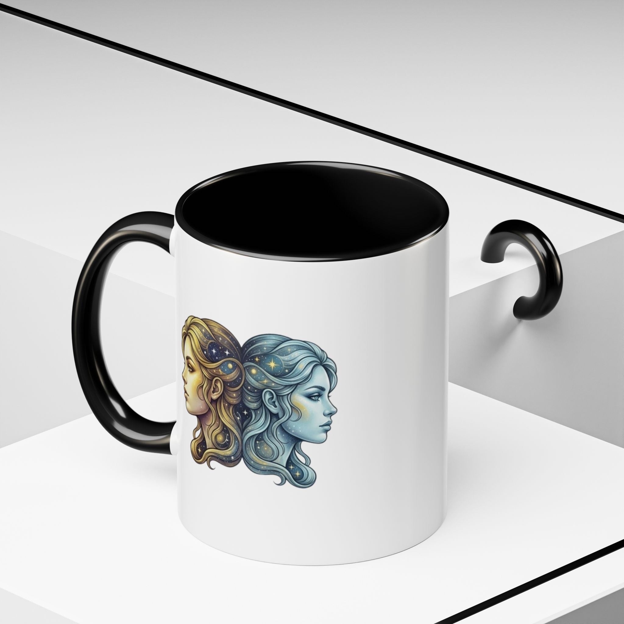Gemini Zodiac Accent Coffee Mug — Dual Faces Astrology Design
