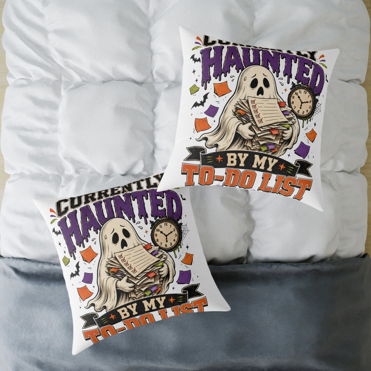 Halloween Haunted By My To-Do List Square Pillow — Funny Halloween Ghost Decorative Throw Pillow