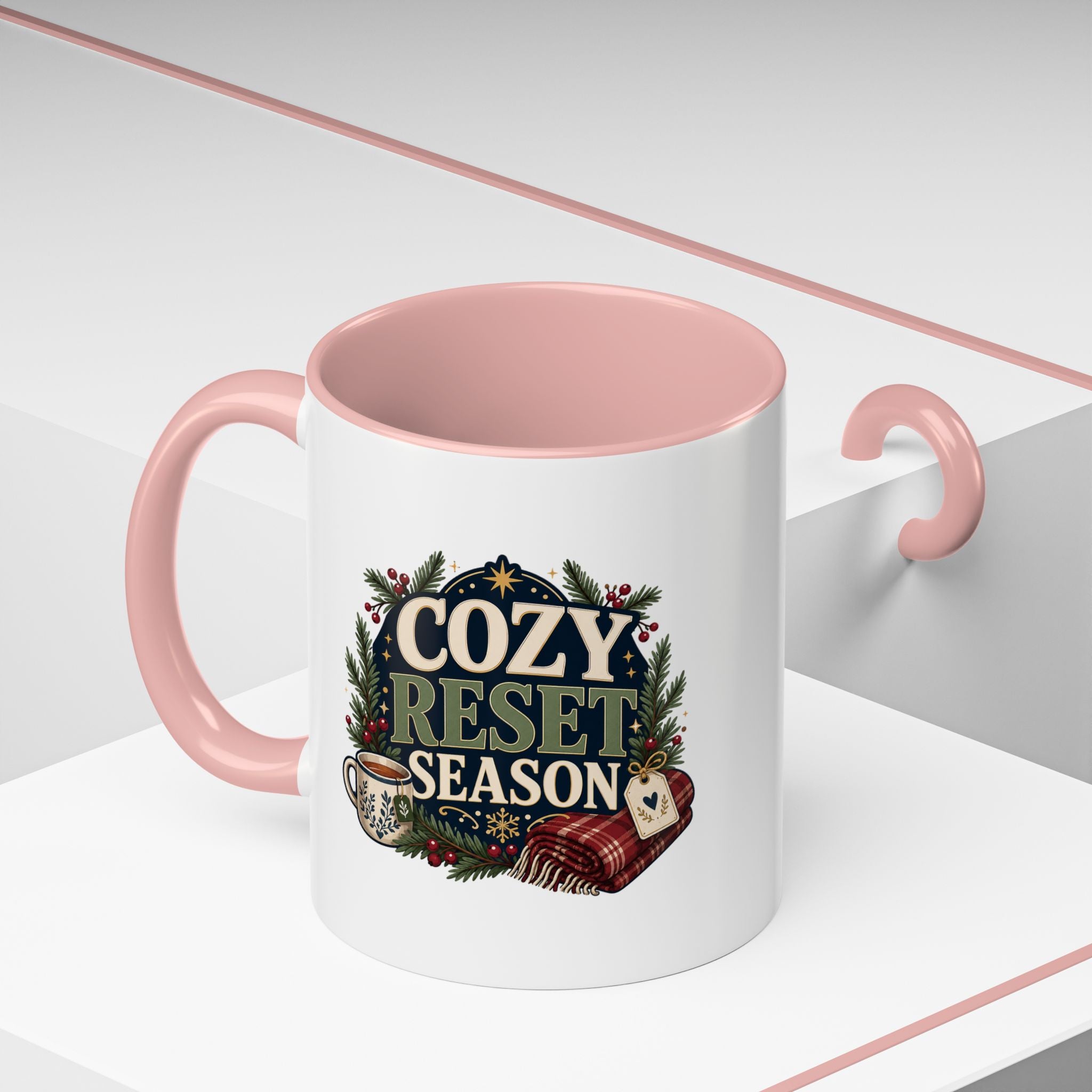 Modern Day Christmas Cozy Reset Season Mug — Holiday Coffee Cup with Blanket & Tea Tag Design