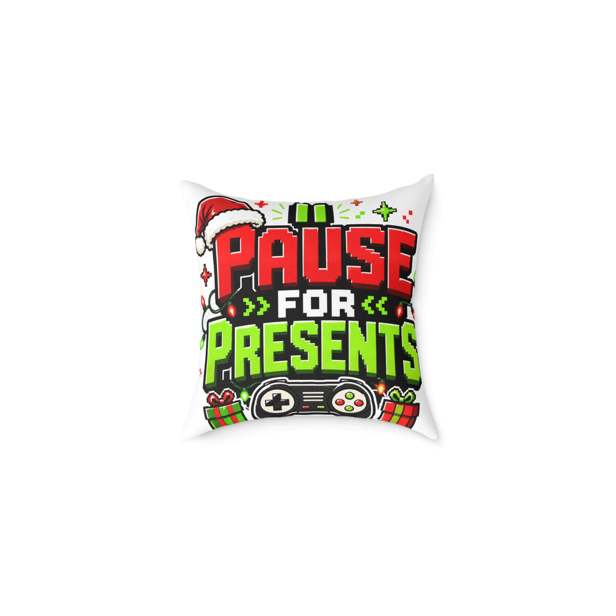 Modern Day Christmas Holiday Gamer Pillow — "Pause for Presents" Christmas Gaming Throw Pillow