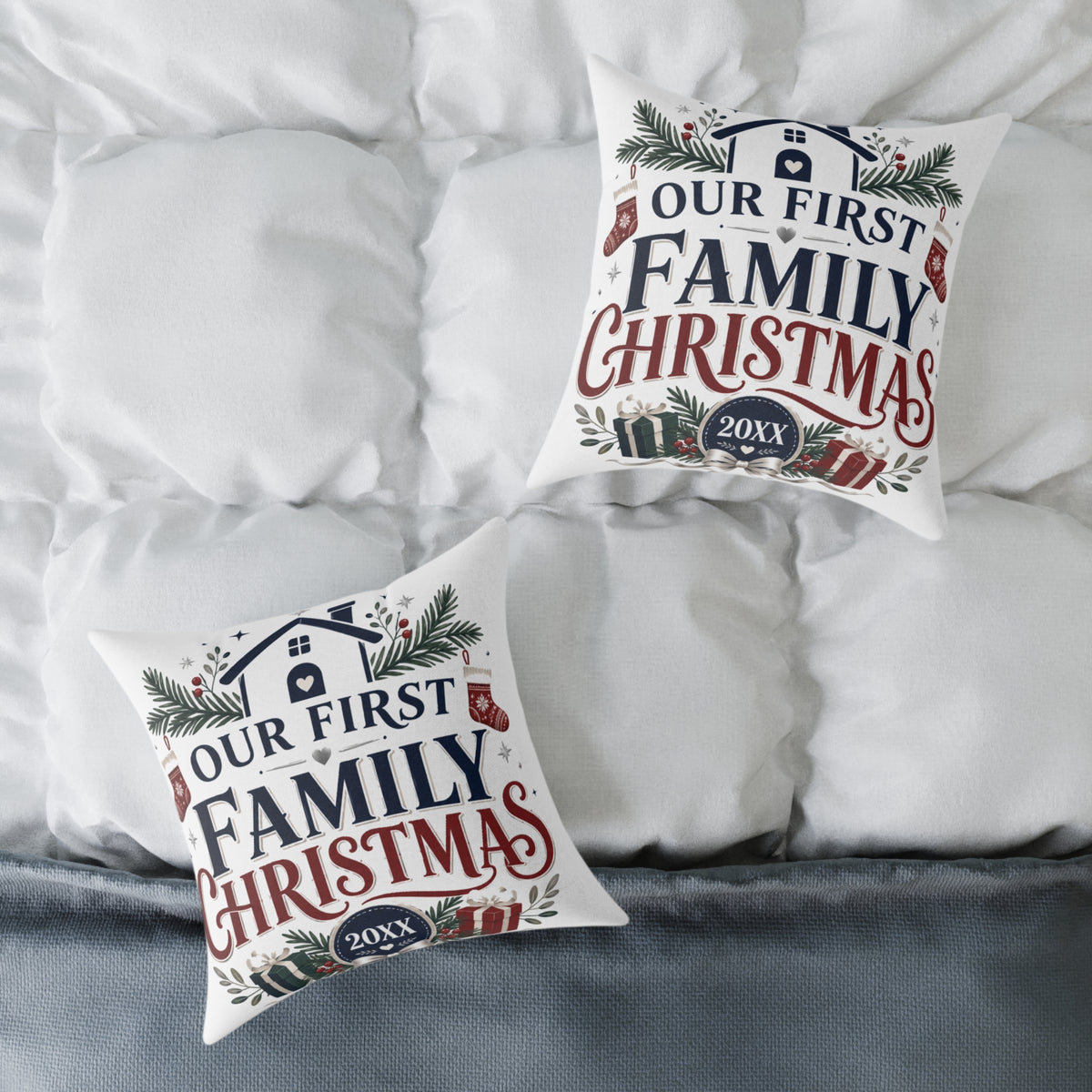 Our First Family Christmas Pillow — Personalized Holiday Decorative Throw Cushion