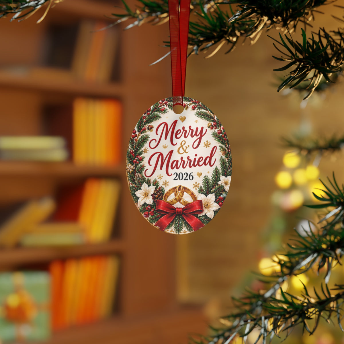 Merry & Married 2026 Metal Ornament — Christmas Wedding Keepsake