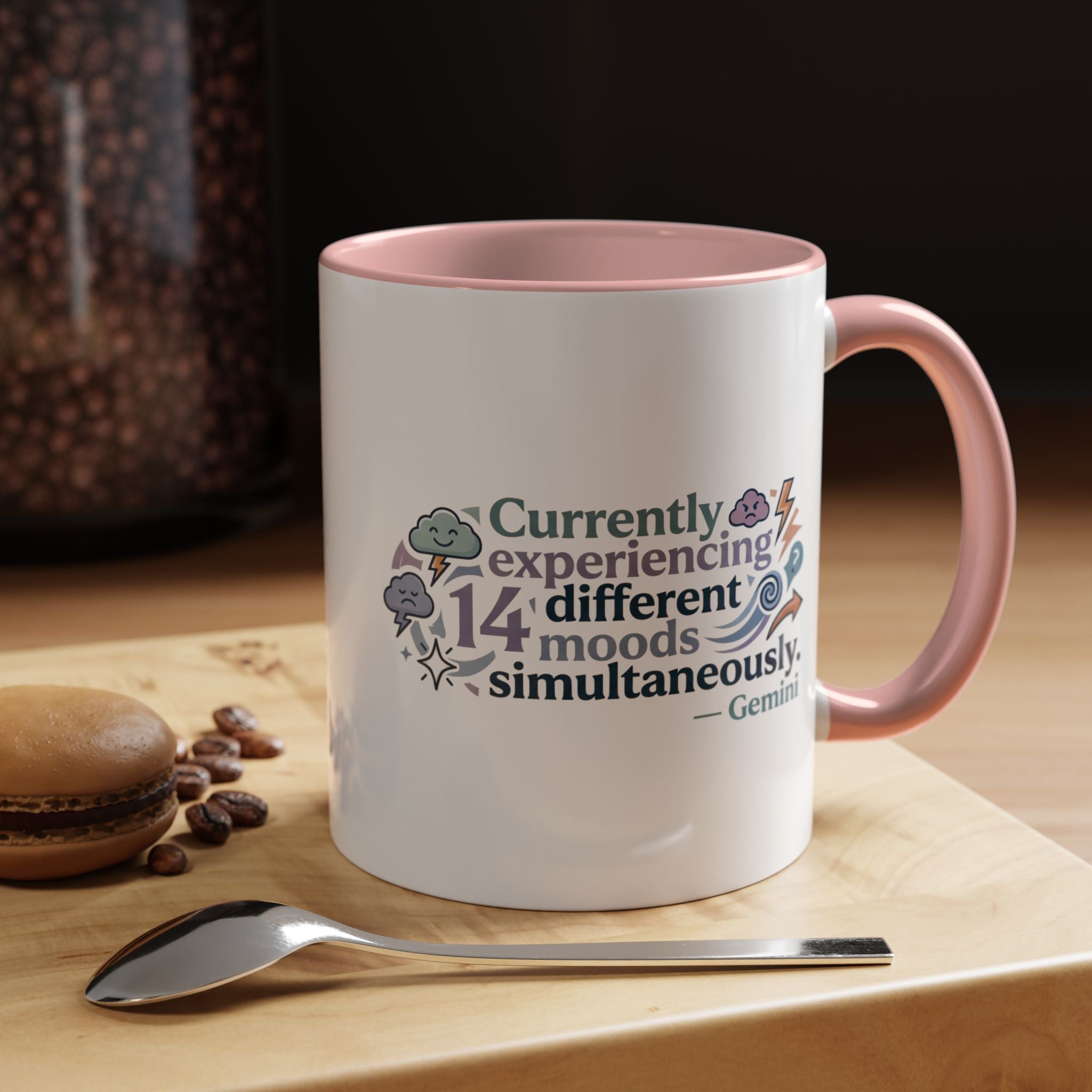 Gemini Mood Coffee Mug — "Currently Experiencing 14 Different Moods" Accent Ceramic Mug