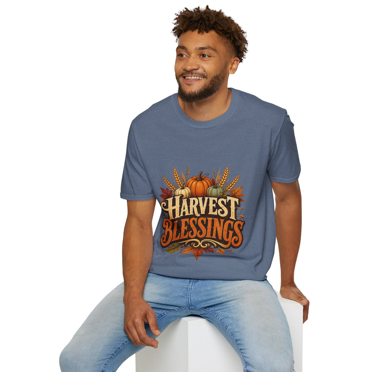 Thanksgiving T-Shirt Harvest Blessings T-Shirt — Fall Pumpkin & Wheat Autumn Tee