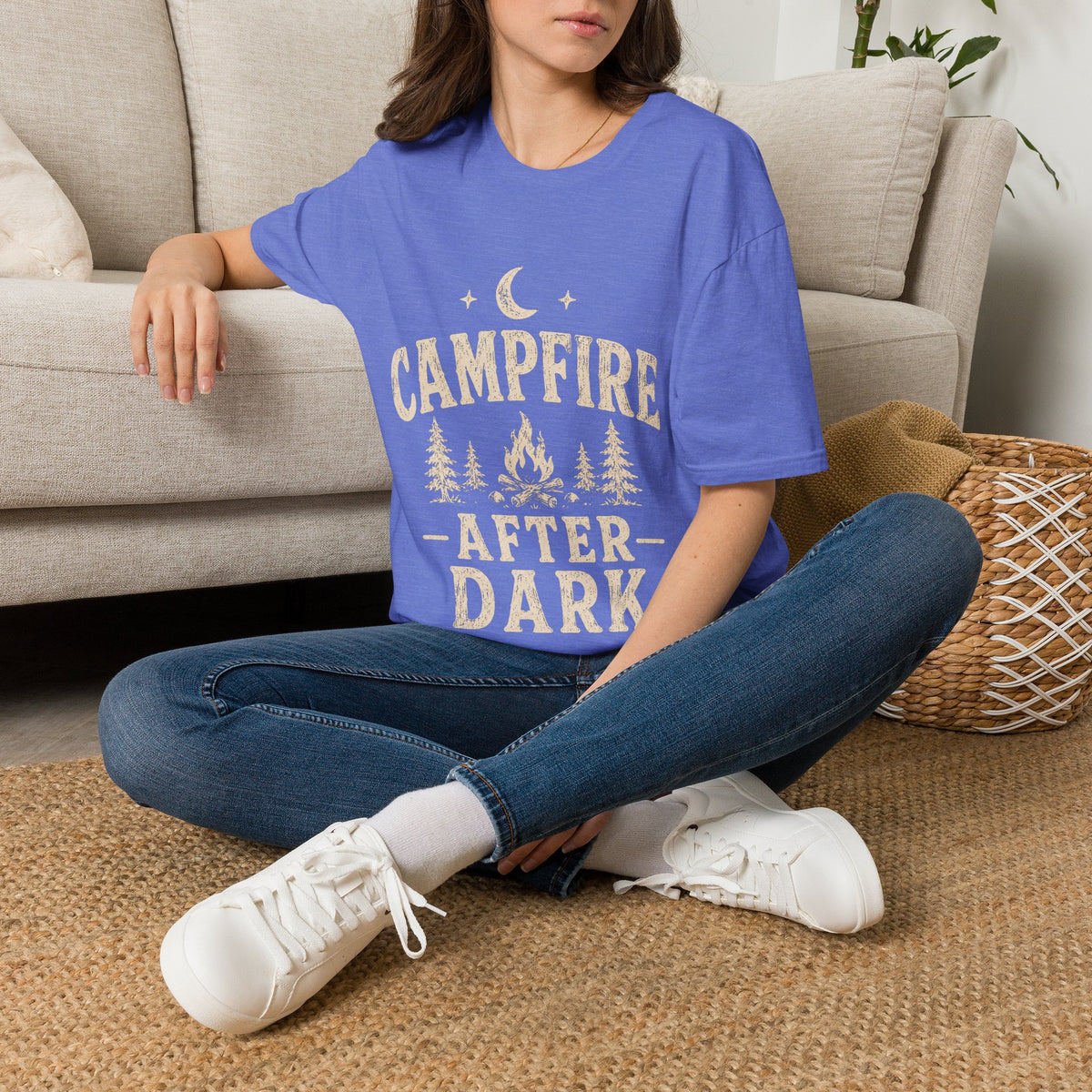 Campfire After Dark T-Shirt — Cozy Camping Moon & Trees Graphic