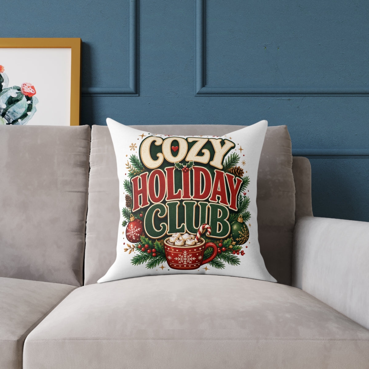 Christmas Cozy Holiday Club Throw Pillow – Festive Christmas Cocoa Decorative Cushion