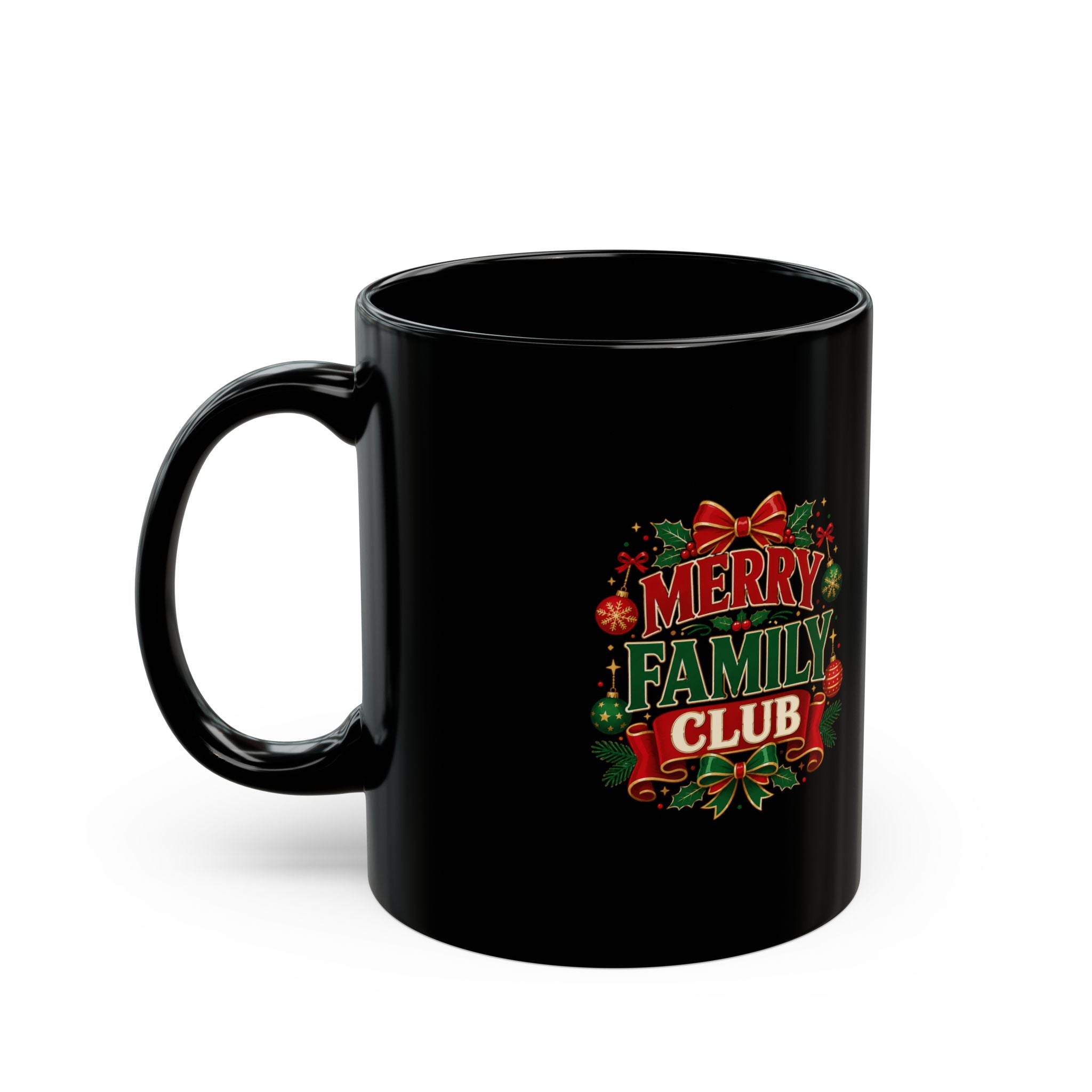 Merry Family Club Christmas Mug — Black Holiday Coffee Cup