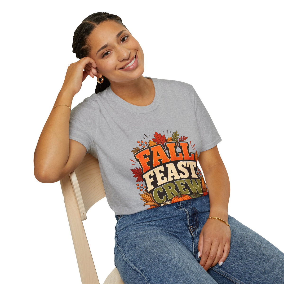 Thanksgiving T-Shirt Fall Feast Crew T-Shirt — Thanksgiving Pumpkin & Leaves Graphic Tee