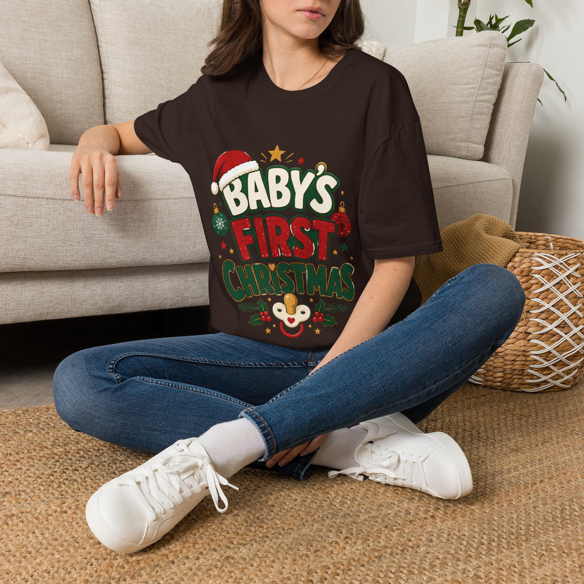 Baby's First Christmas T-Shirt — Festive Santa Hat & Ornaments Holiday Tee