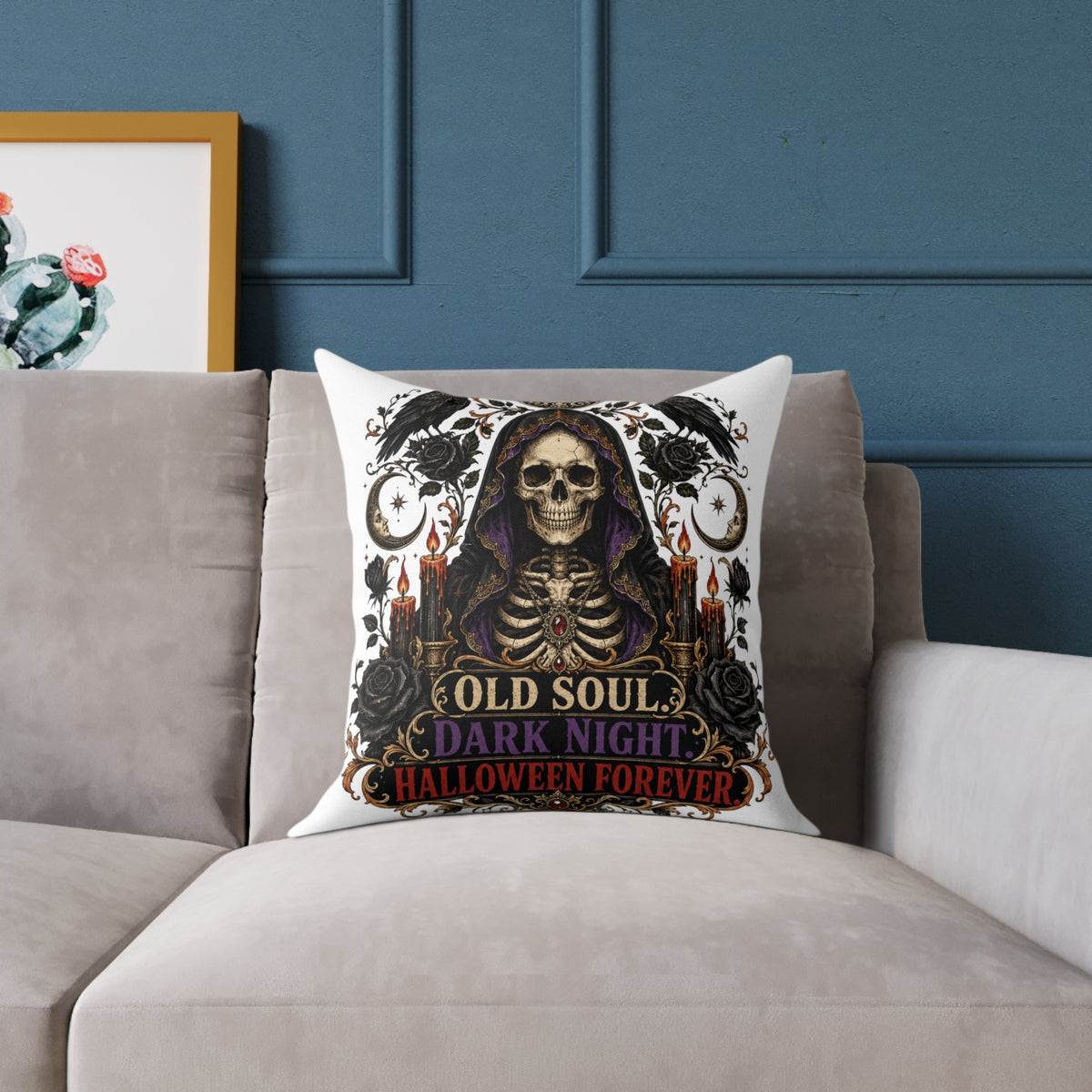 Halloween Skull Pillow — "Old Soul, Dark Night" Decorative Cushion