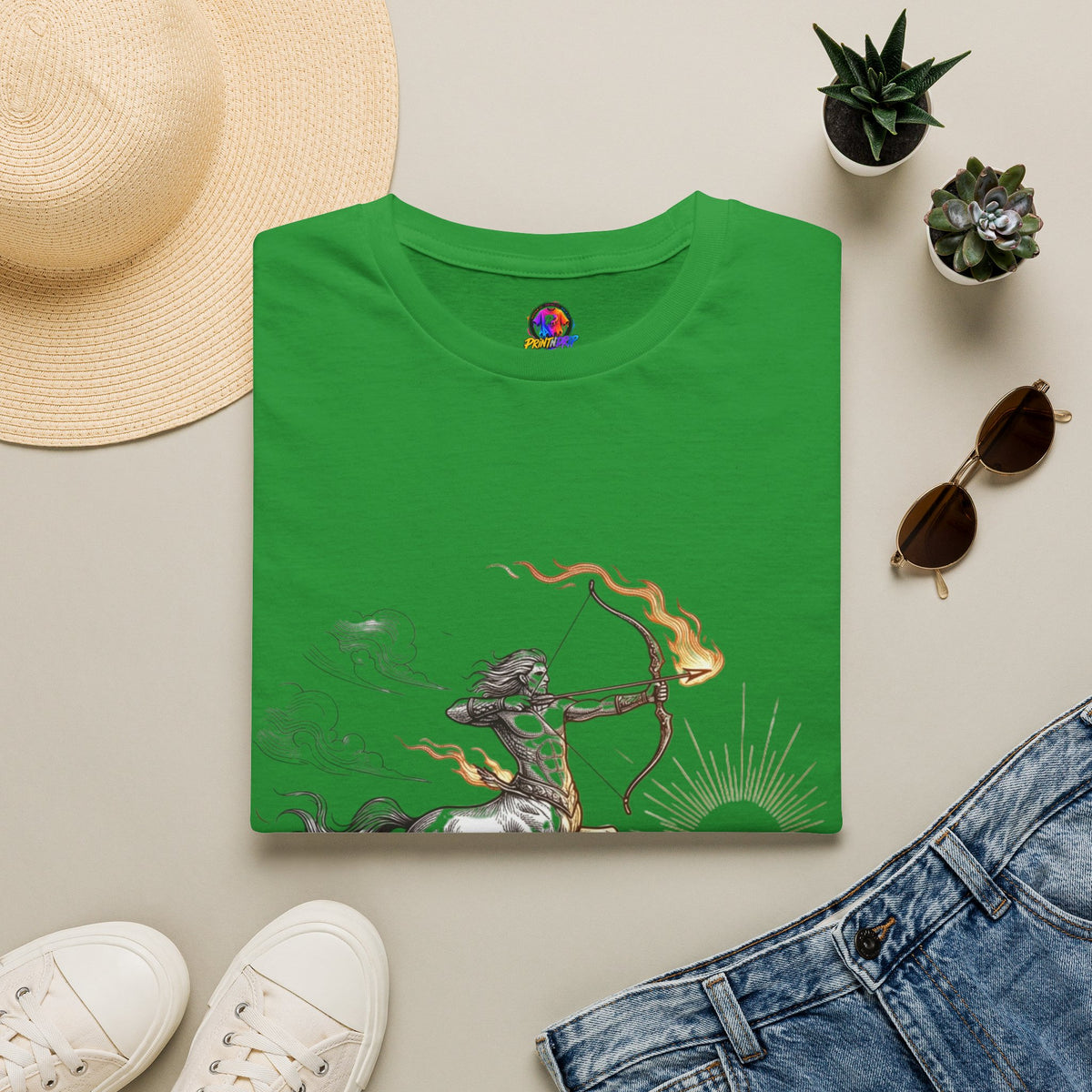 Sagittarius Centaur Archer T-Shirt — Mythical Archer Graphic Tee (Flaming Bow)