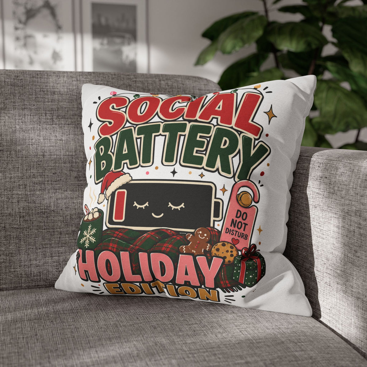 Social Battery Holiday Pillowcase  Modern Day Christmas — Cute Rechargeable Battery Christmas Throw Pillow Cover