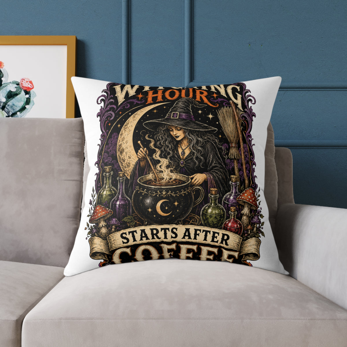 Halloween Witching Hour Pillow — 'Witching Hour Starts After Coffee' Gothic Witch Decorative Cushion