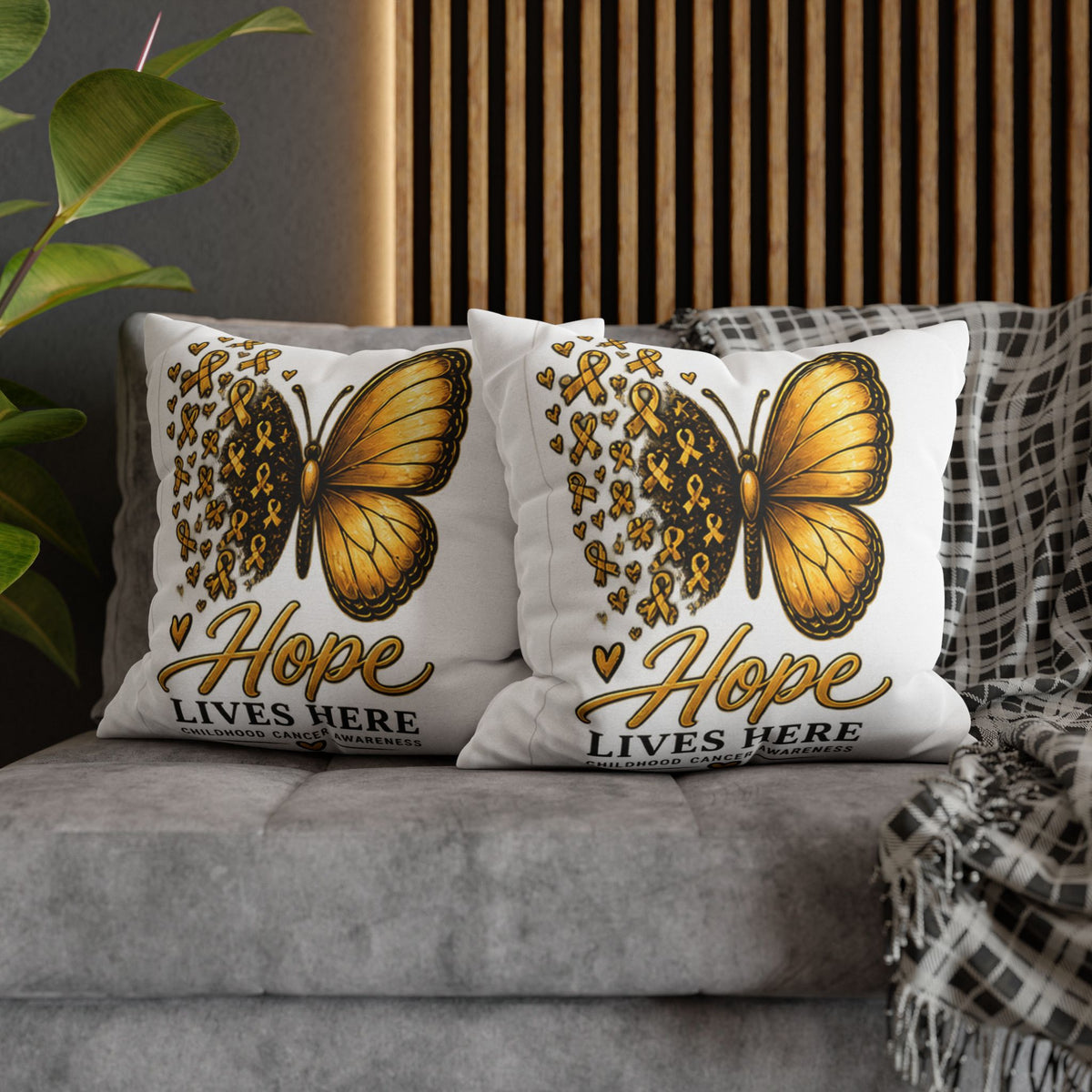 Childhood Cancer Awareness Pillow – "Hope Lives Here" Gold Ribbon Butterfly Square Pillowcase