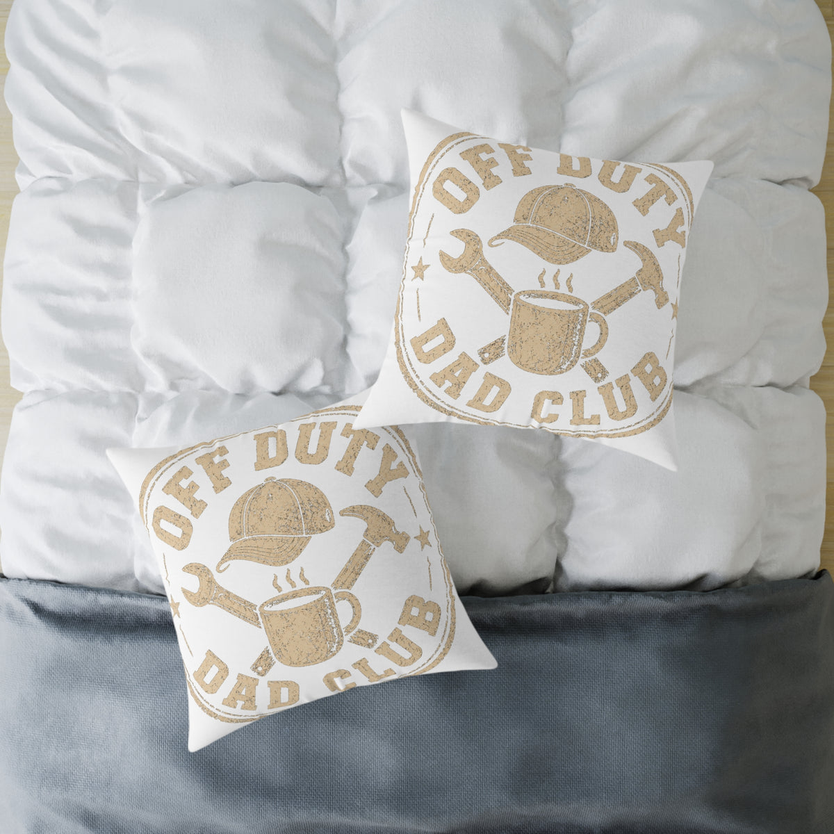 Milo Bailey Dog Dad Mom Square Pillow — "Off Duty Dad Club" Rustic Workshop Decorative Throw Pillow