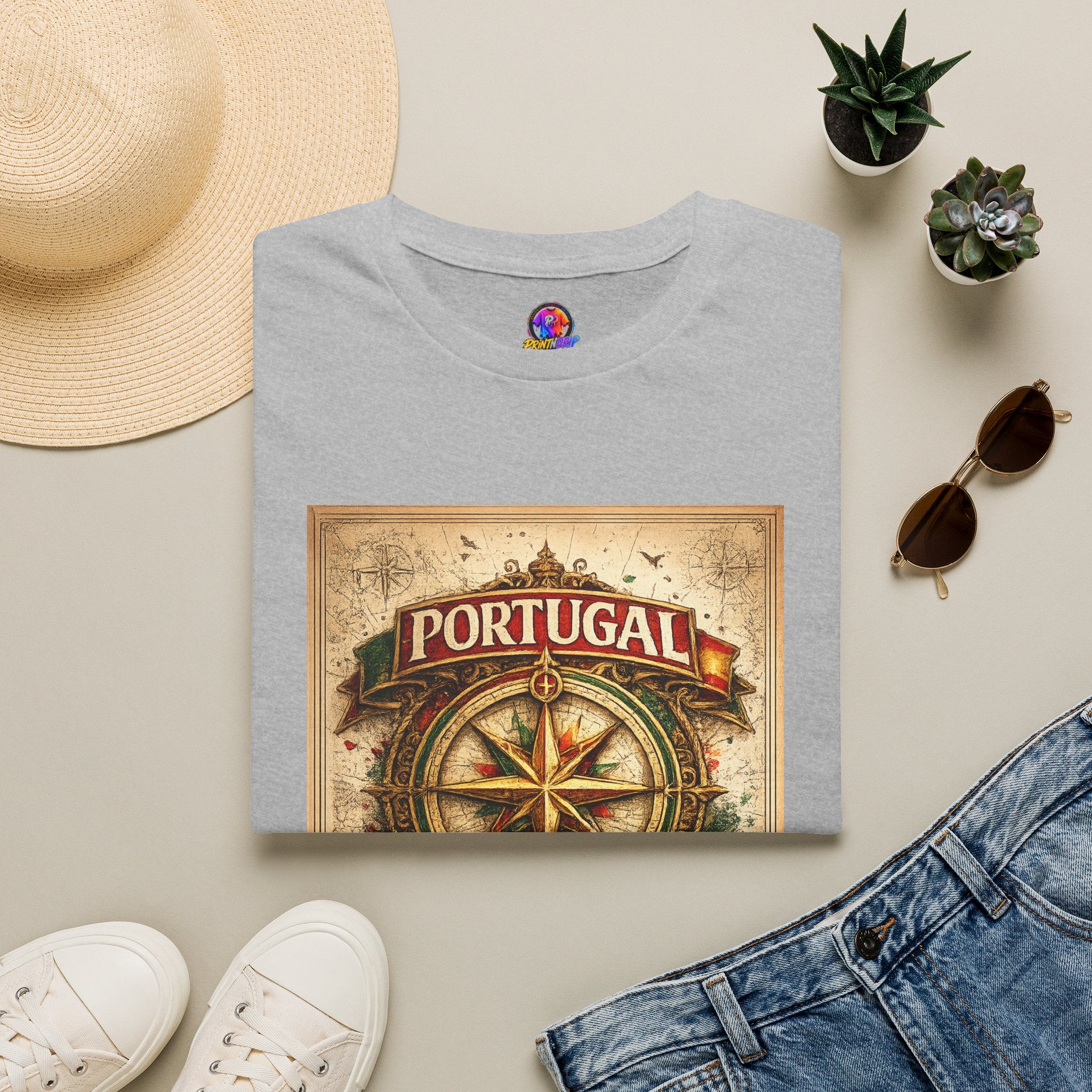 Portugal Compass T‑Shirt — Vintage Nautical Travel Tee