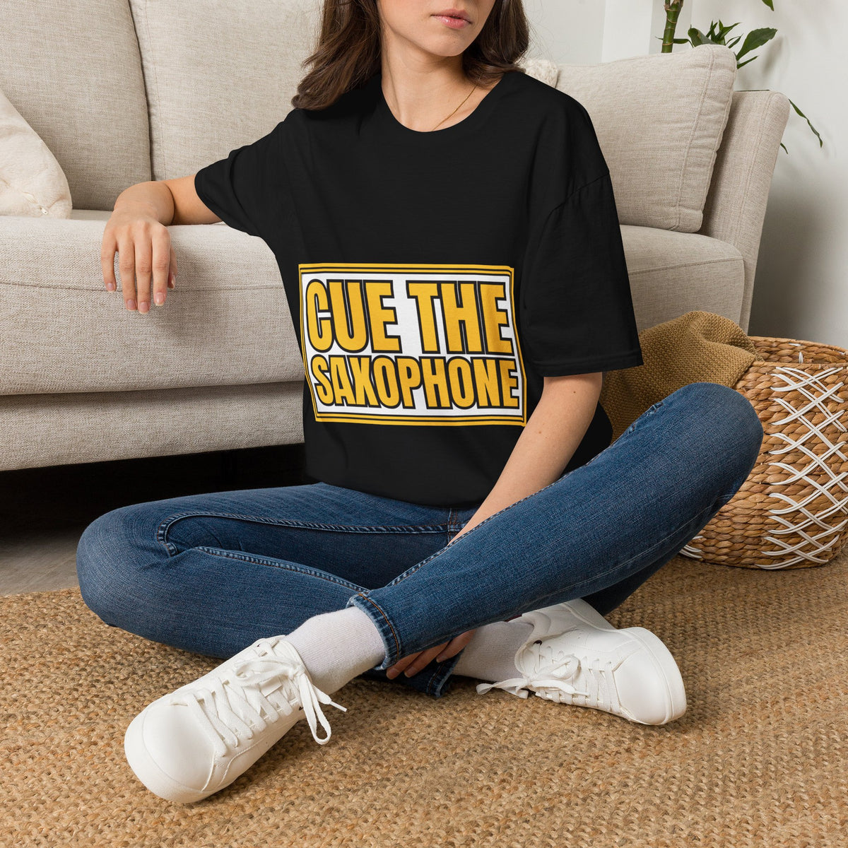 "Cue The Saxophone" Bold Yellow Typography Graphic Tee - Trending Now - September 2026