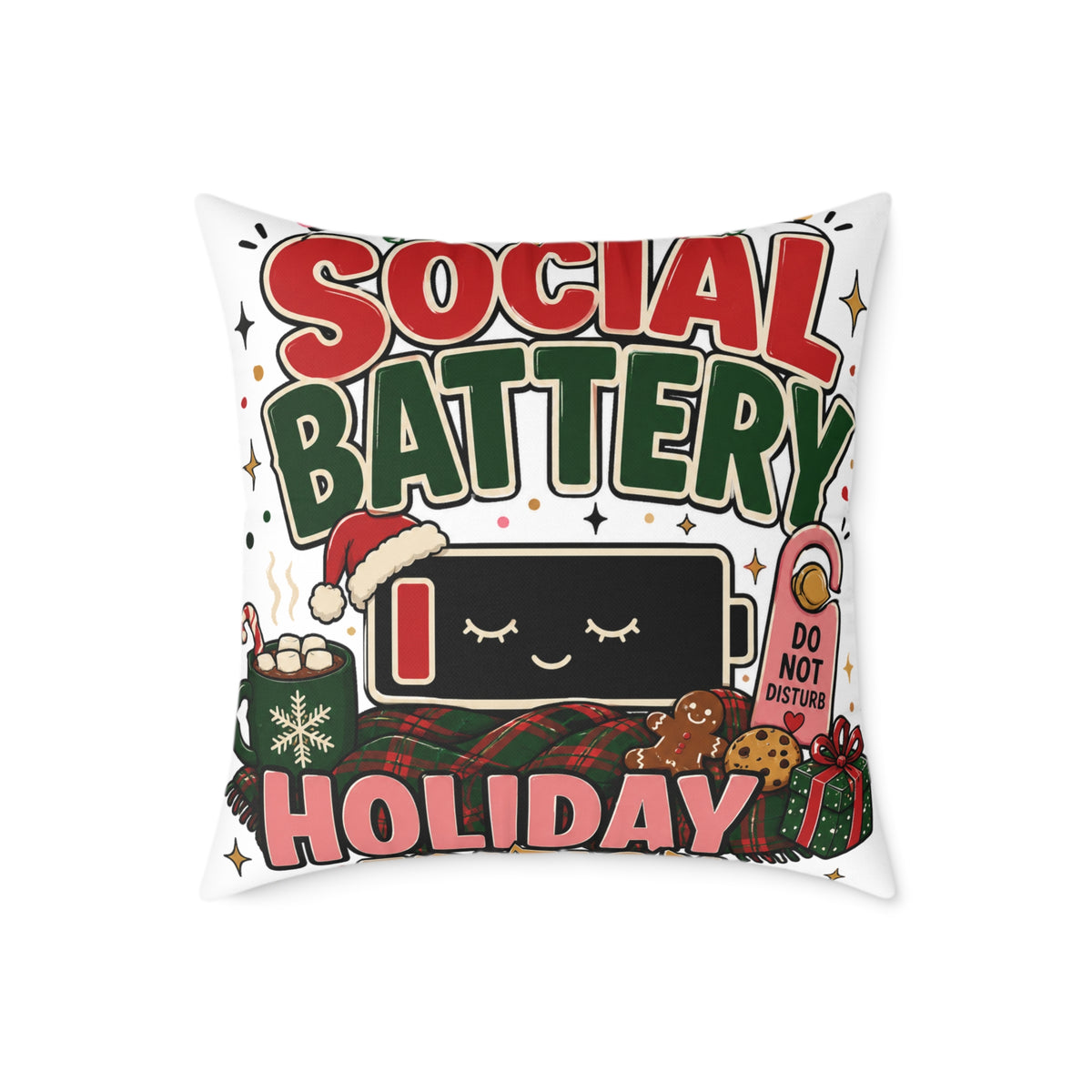 Social Battery Holiday Modern Day Christmas Pillow — Cute Low Energy Christmas Throw Pillow
