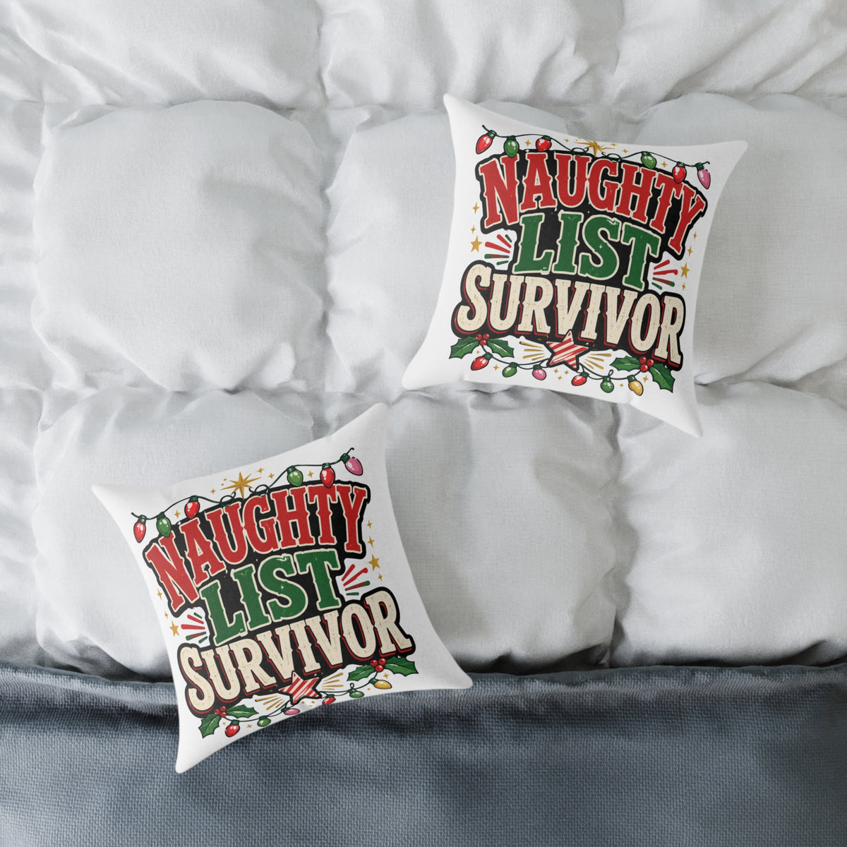 Christmas Square Pillow - "Naughty List Survivor" Christmas Holiday Decorative Throw Pillow