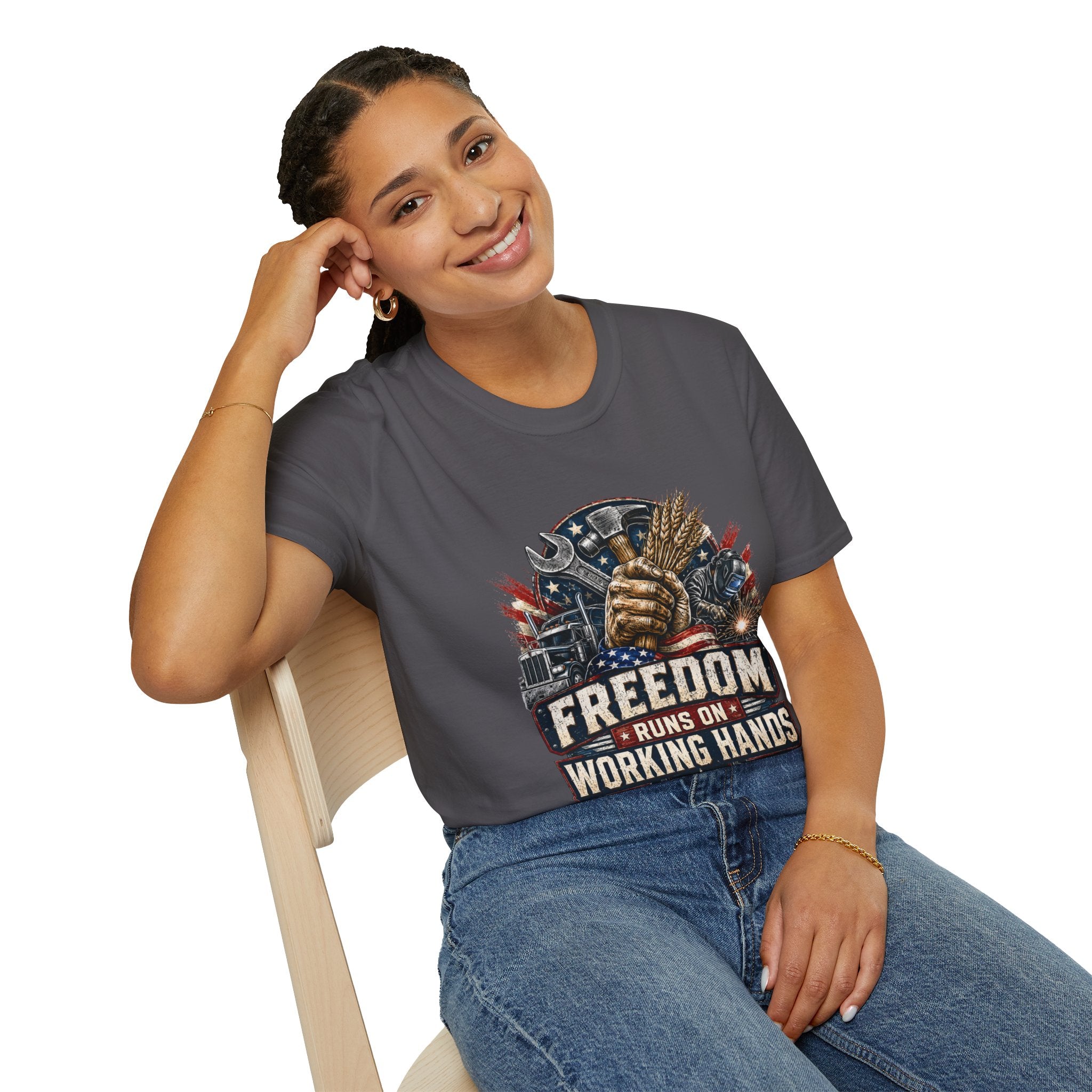 Freedom Runs on Working Hands T-Shirt — Patriotic Mechanic Tool & Wheat Design