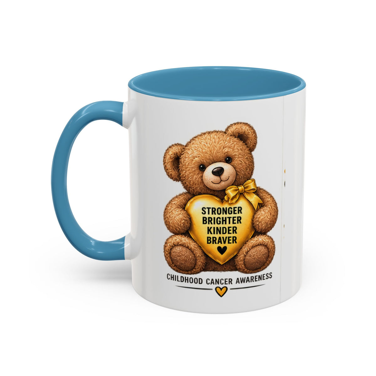 Childhood Cancer Awareness Coffee Mug — 'Stronger Brighter Kinder Braver' Teddy