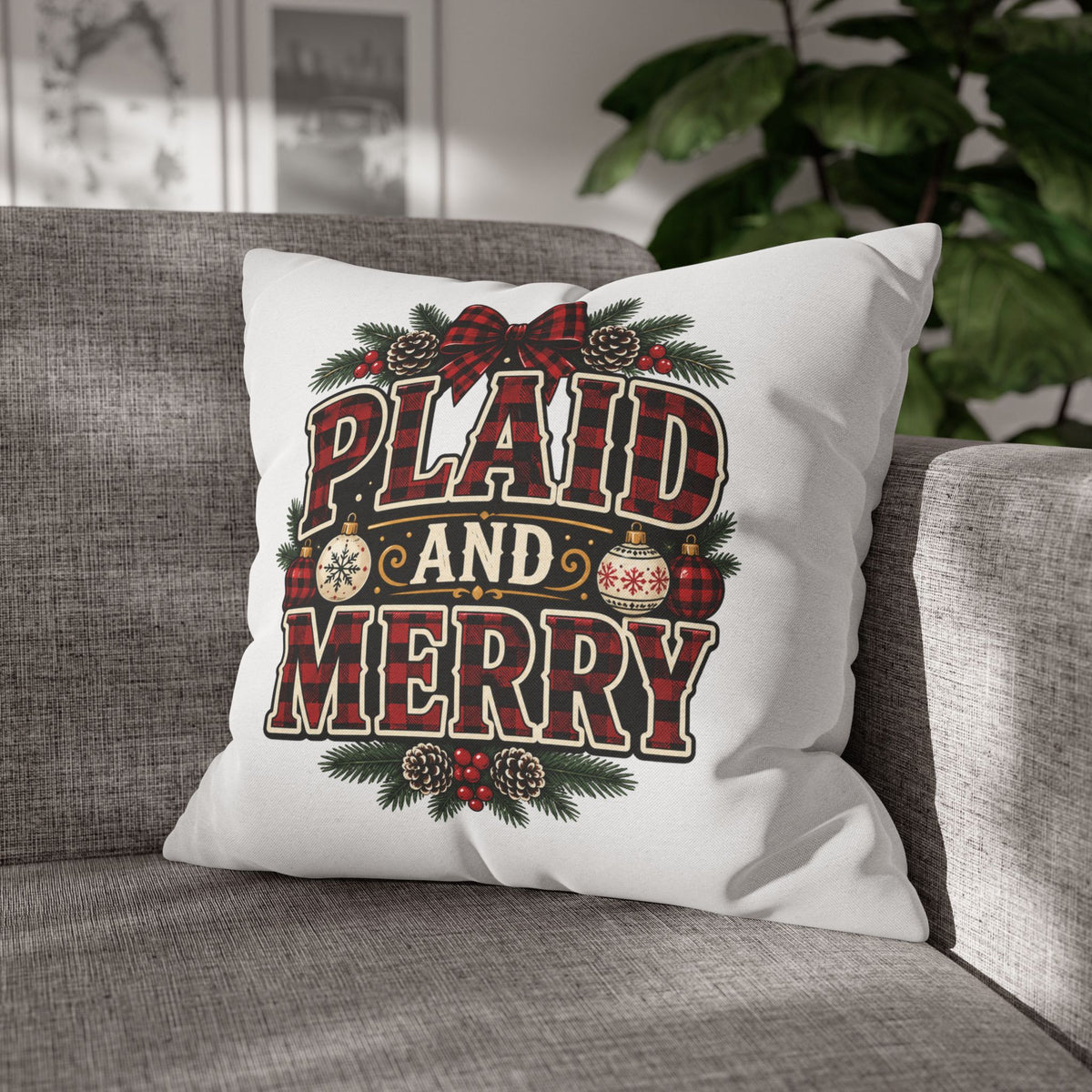 Plaid and Merry Christmas Throw Pillowcase — Festive Buffalo Plaid Holiday Decor