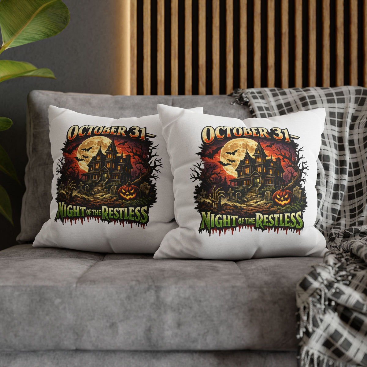 Halloween Pillowcase - "October 31 Night of the Restless" Haunted House Decorative Square Pillow Cover