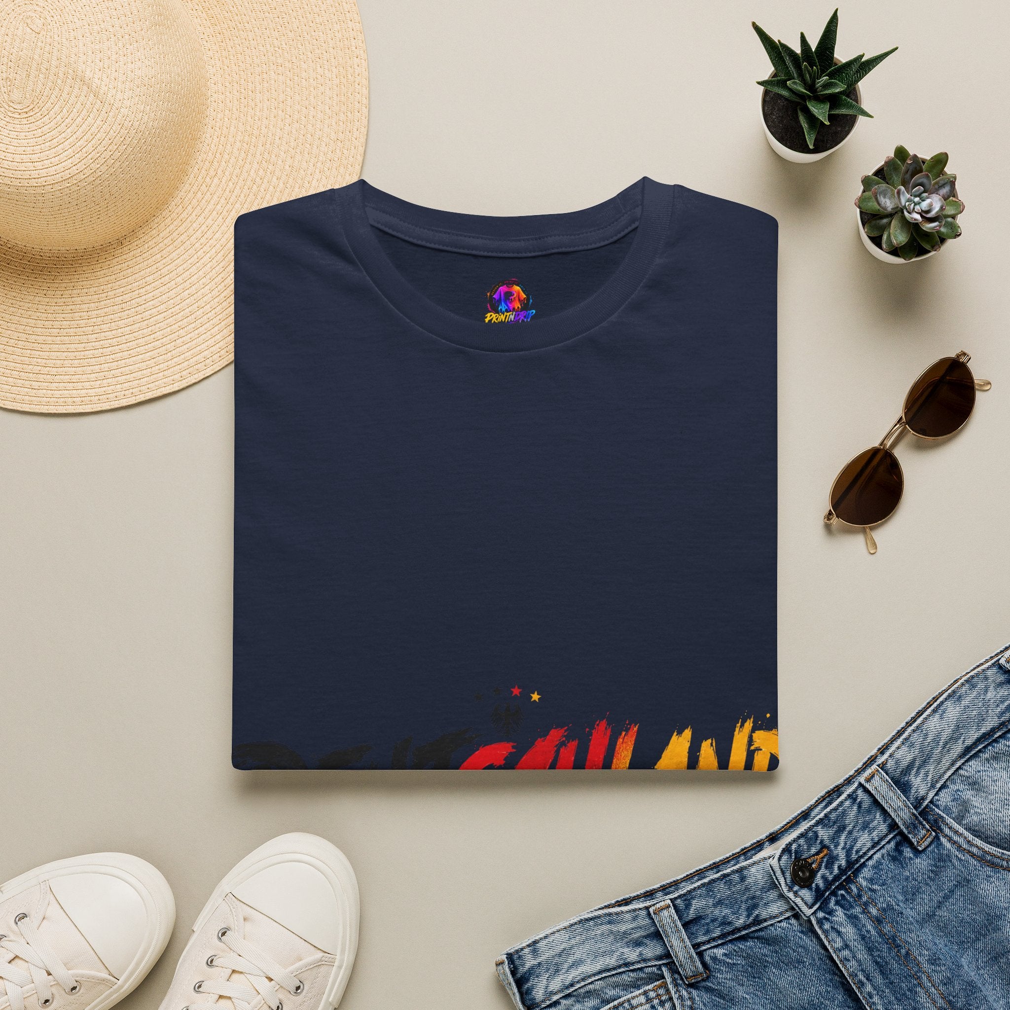 Germany Deutschland Football T-Shirt — Deutschland Script with German Flag Brushstroke