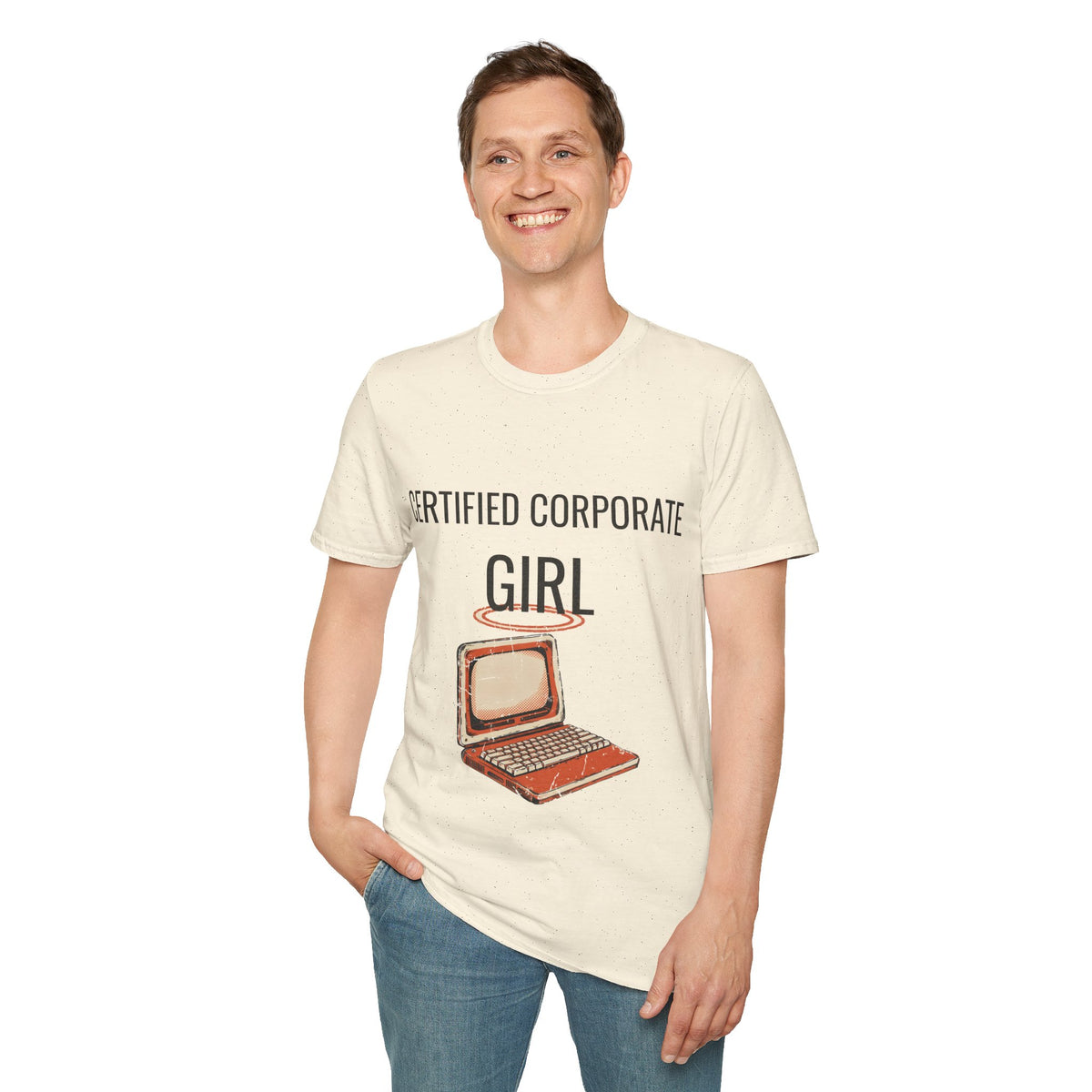 "Certified Corporate Girl" Retro Laptop Graphic Tee - Funny Office Humor White T-Shirt - Trending Now - September 2026