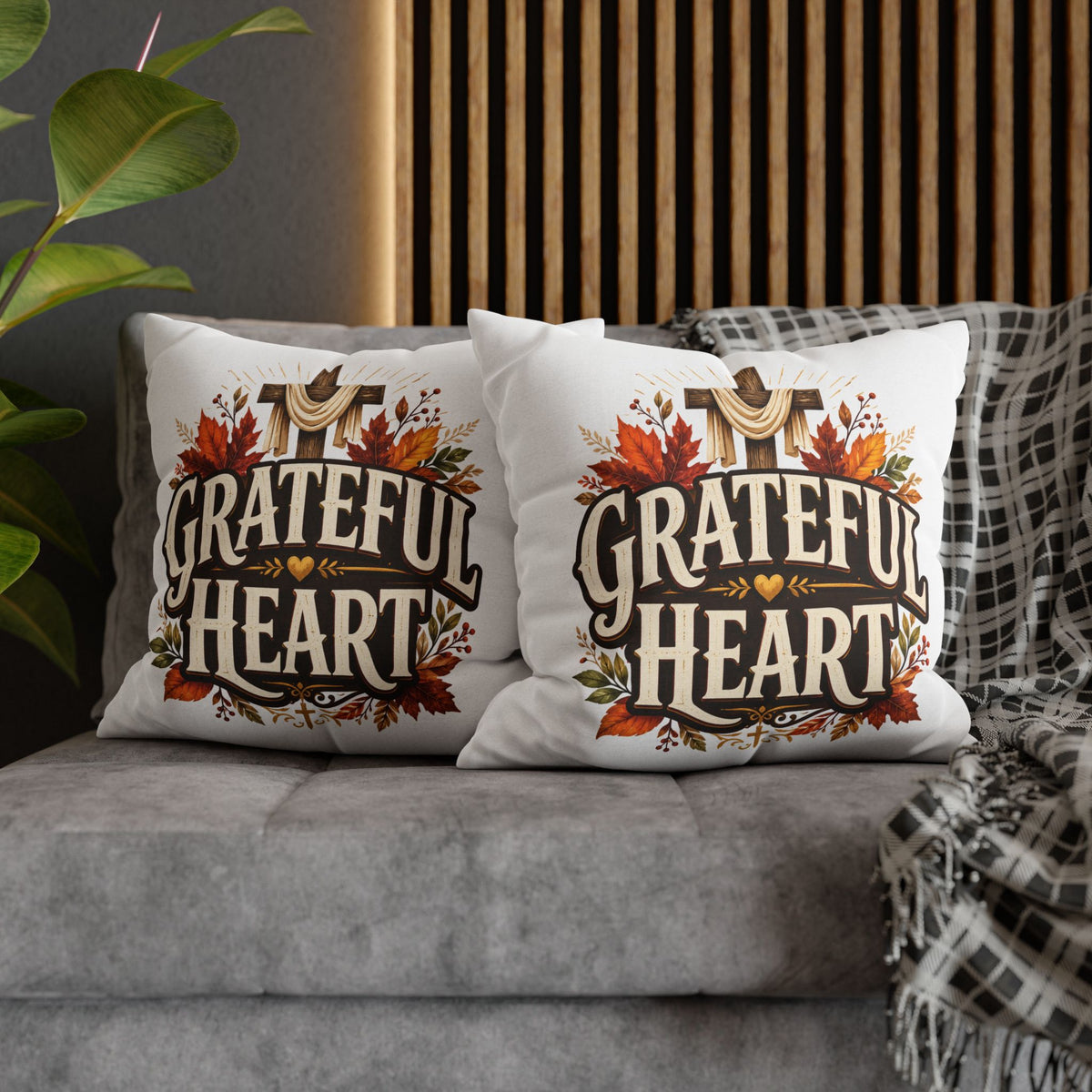 Thanksgiving Grateful Heart Throw Pillow — Autumn Cross Faith Decorative Pillowcase