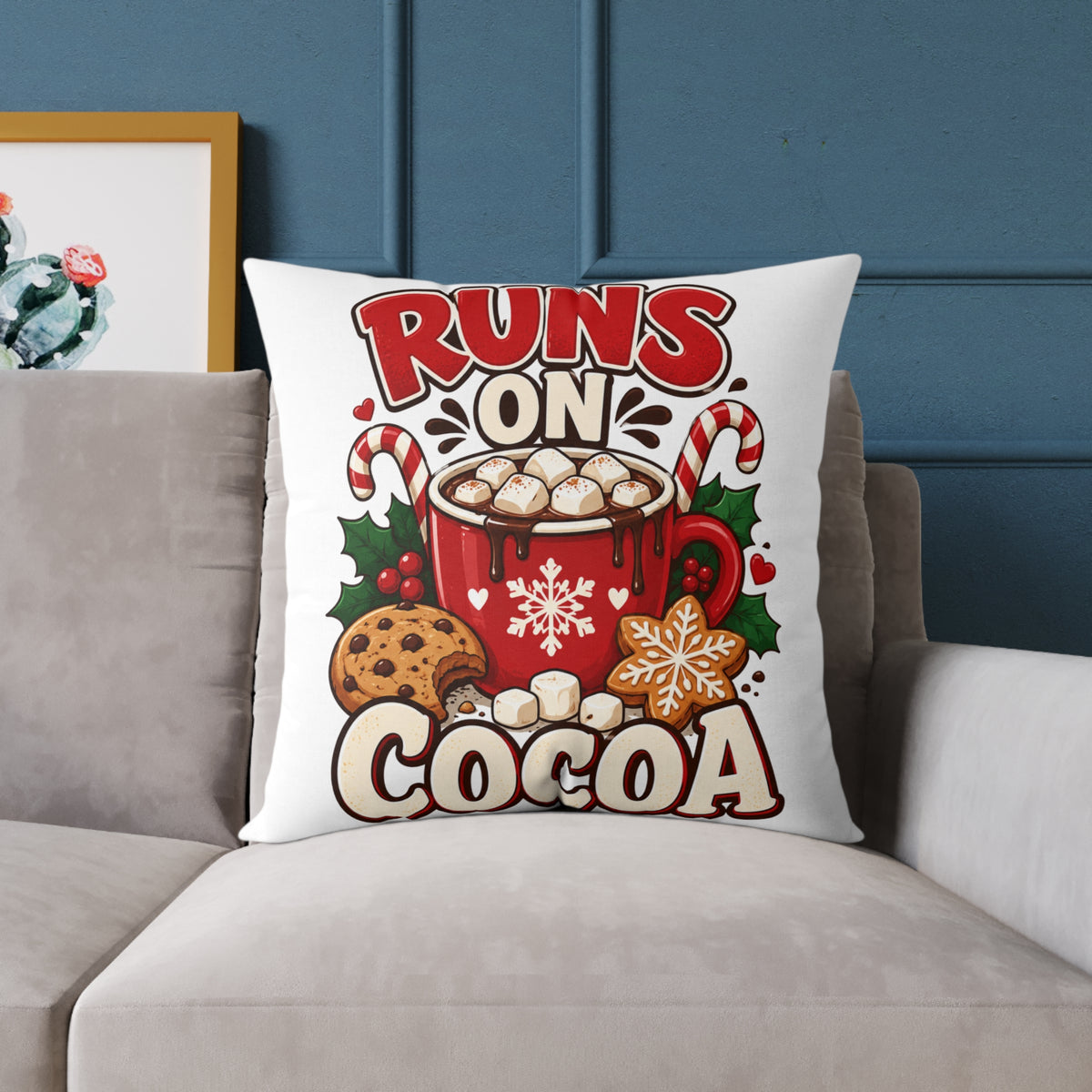 Christmas Square Pillow - "Runs on Cocoa" Holiday Hot Chocolate Decorative Throw Pillow