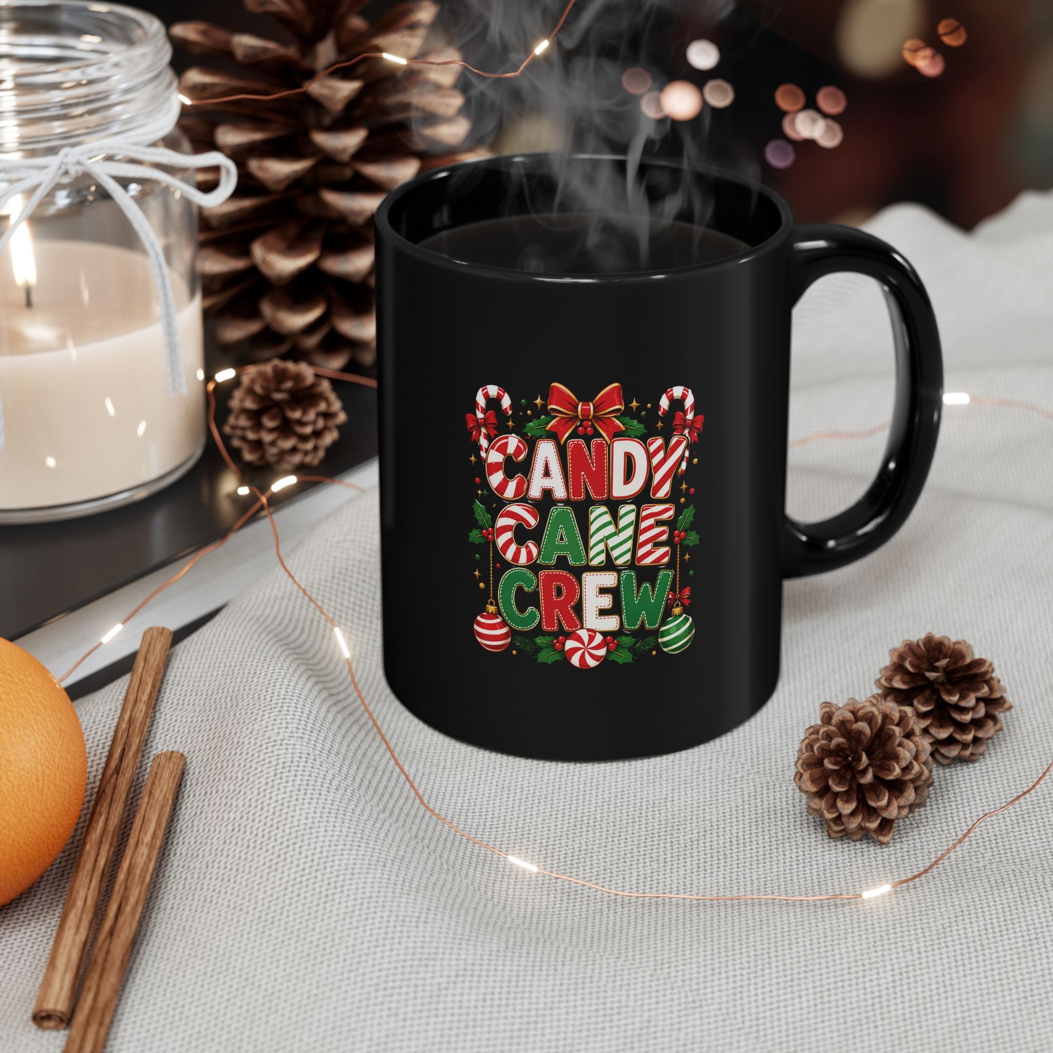 Candy Cane Crew Black Mug — Christmas Holiday Hot Cocoa Cup