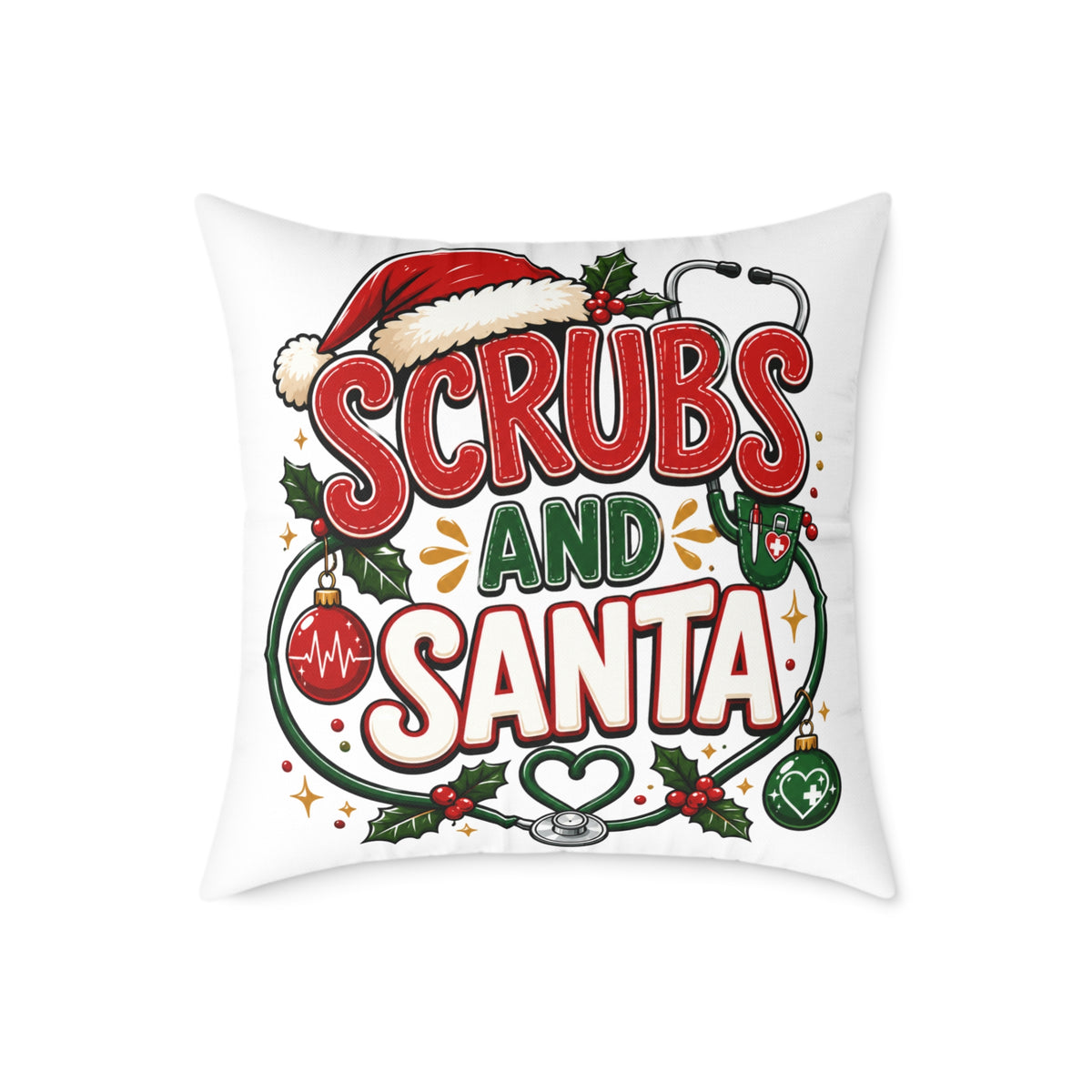 Christmas Square Pillow — Scrubs and Santa Christmas Cushion for Nurses