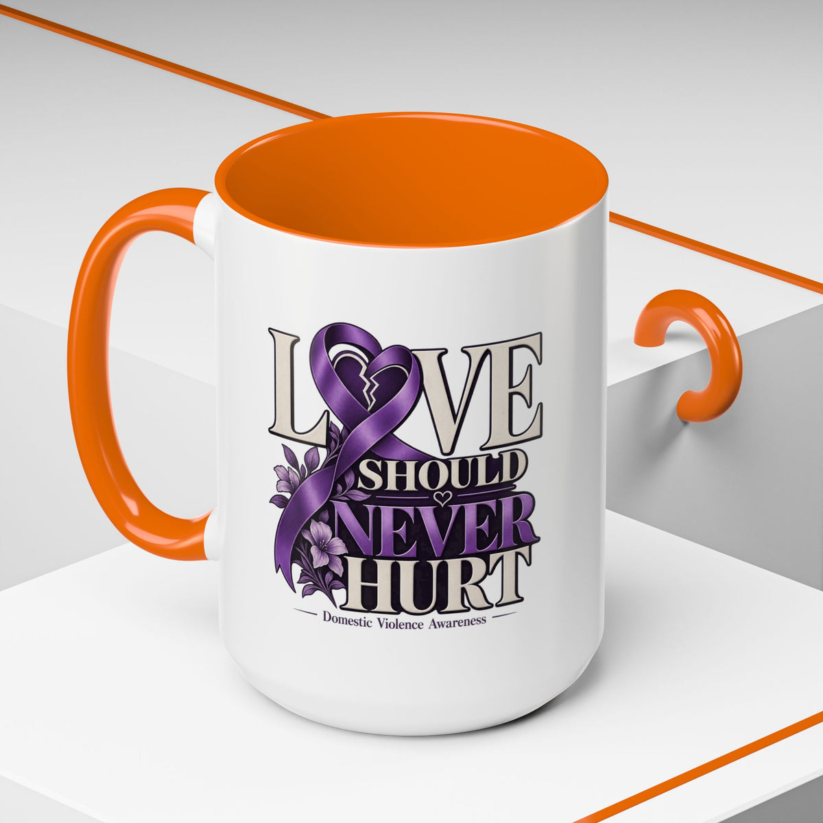 Domestic Violence Awareness Accent Coffee Mug – "Love Should Never Hurt" (11/15oz)