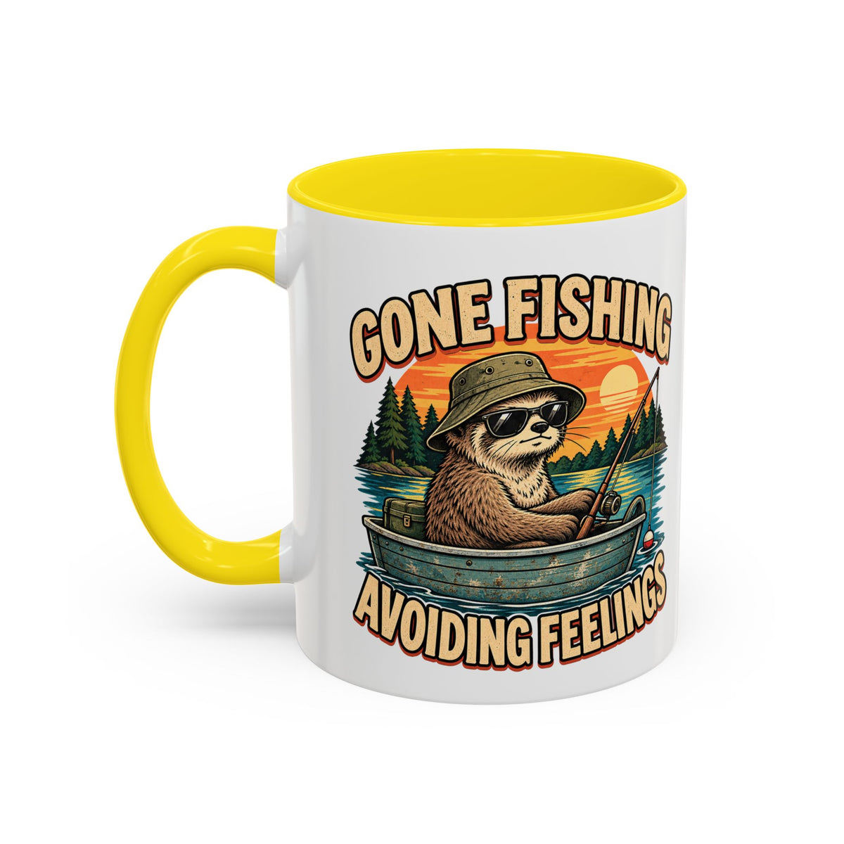 Funny And Witty "Gone Fishing Avoiding Feelings" Accent Coffee Mug (11, 15oz)