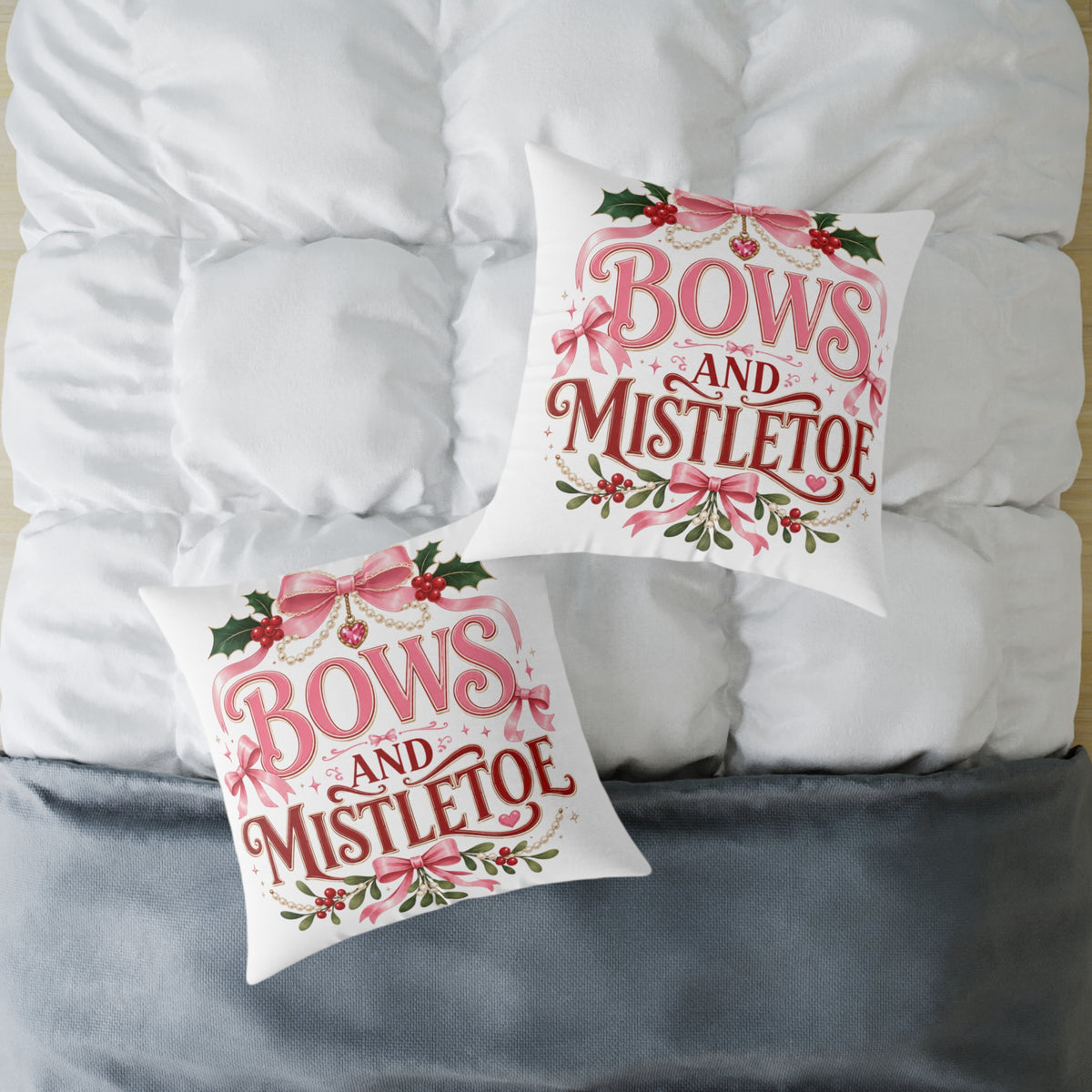 Christmas Bows And Mistletoe Square Poly Canvas Pillow