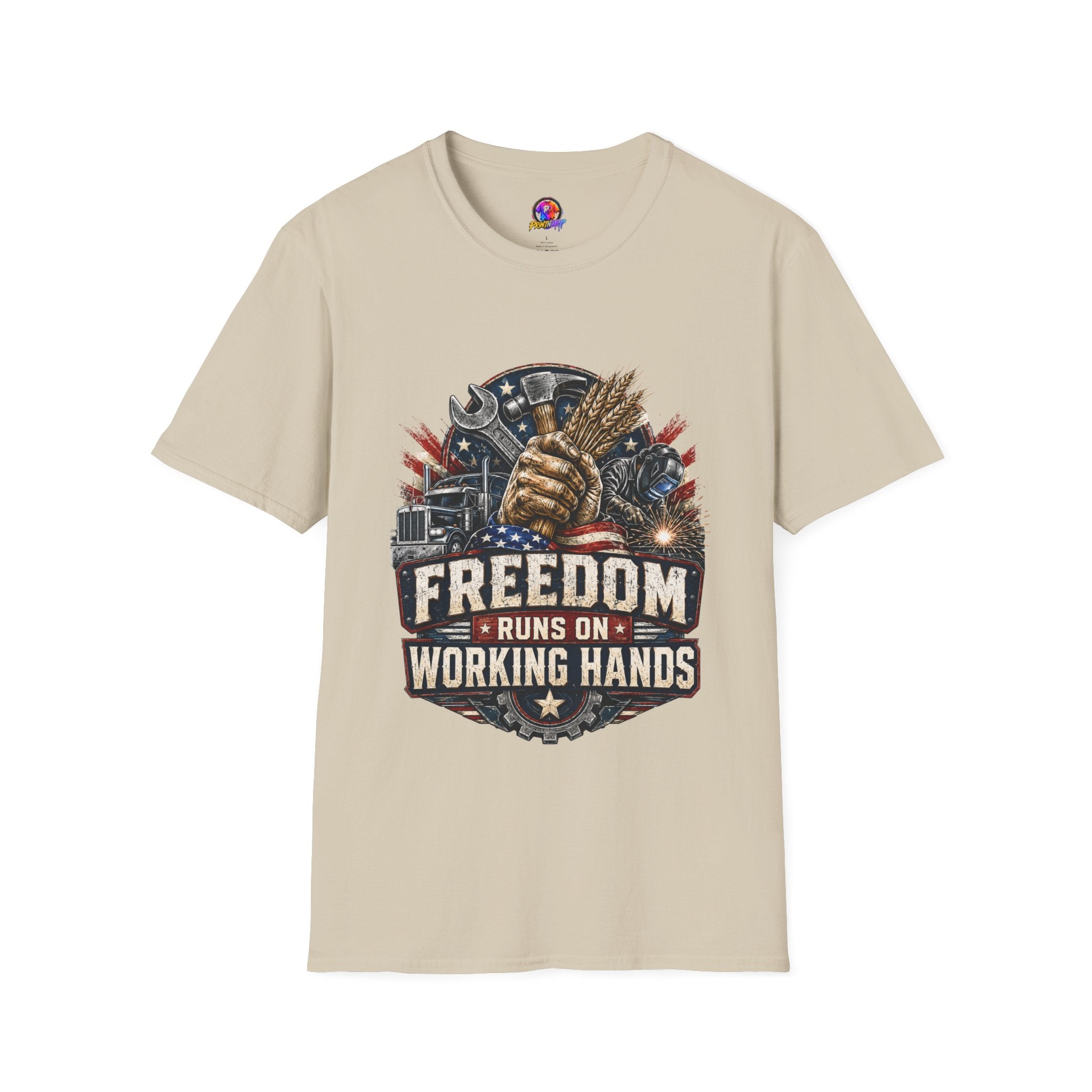 Freedom Runs on Working Hands T-Shirt — Patriotic Mechanic Tool & Wheat Design