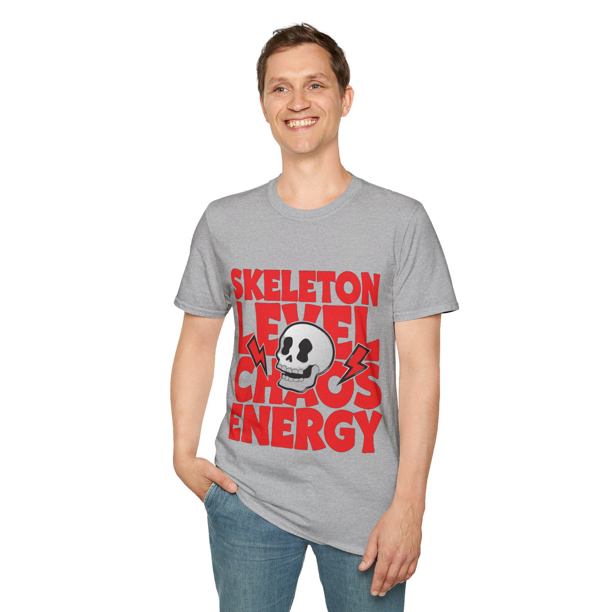 Skeleton Level Chaos Energy Red Block Tee - Bold Skull Lightning Graphic T-Shirt - Trending Now - September 2026