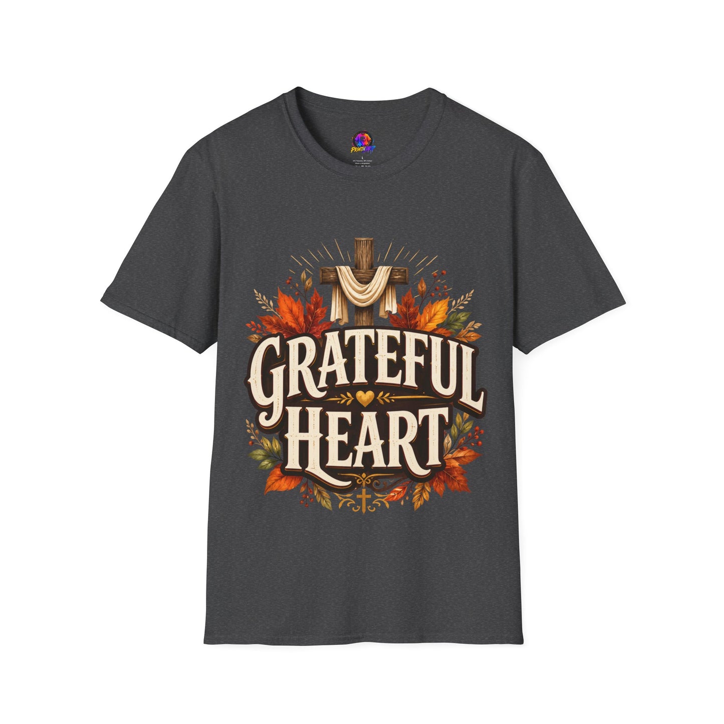 Grateful Heart T-Shirt — Christian Cross & Autumn Leaves Thanksgiving Tee