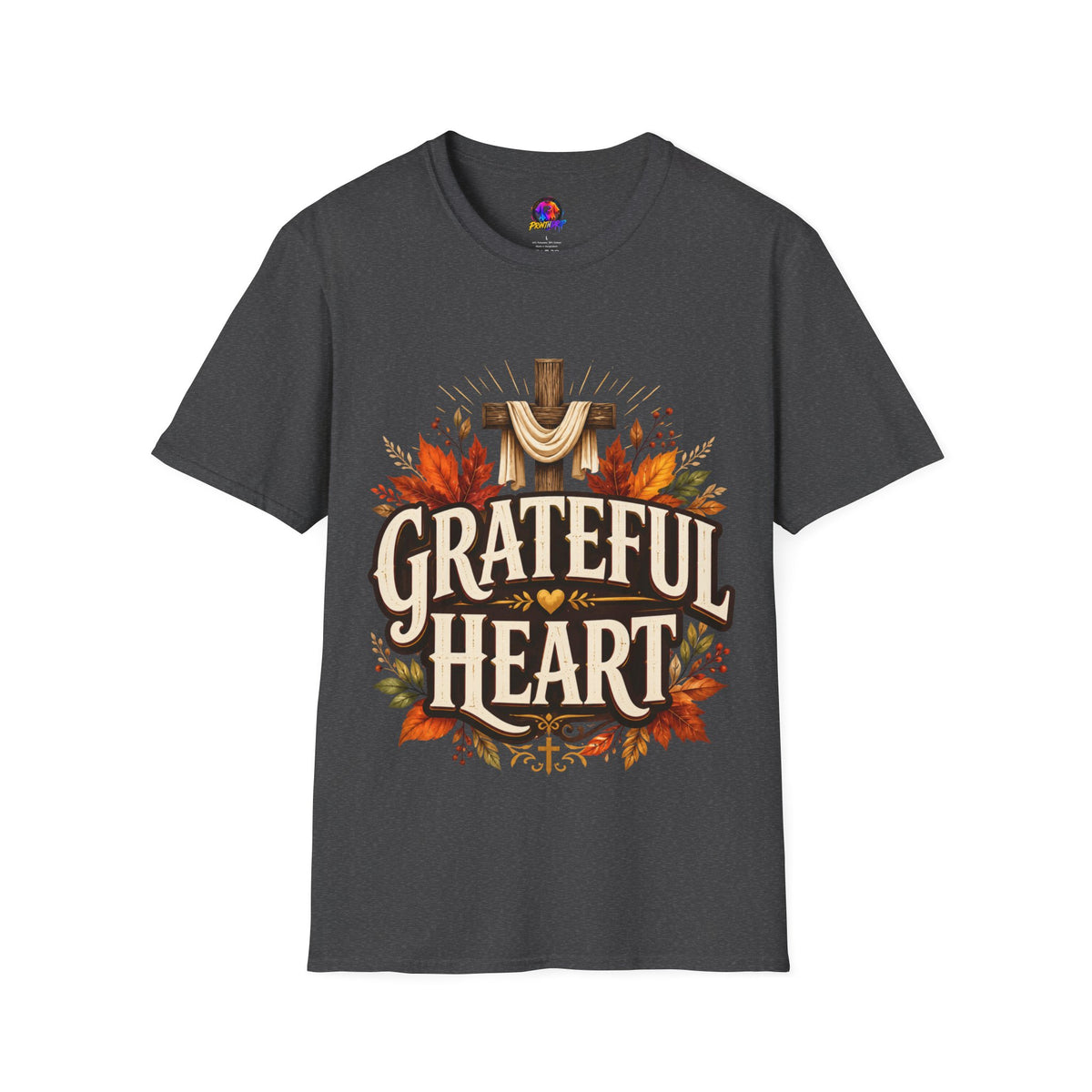 Thanksgiving T-Shirt Grateful Heart T-Shirt — Christian Cross & Autumn Leaves Thanksgiving Tee
