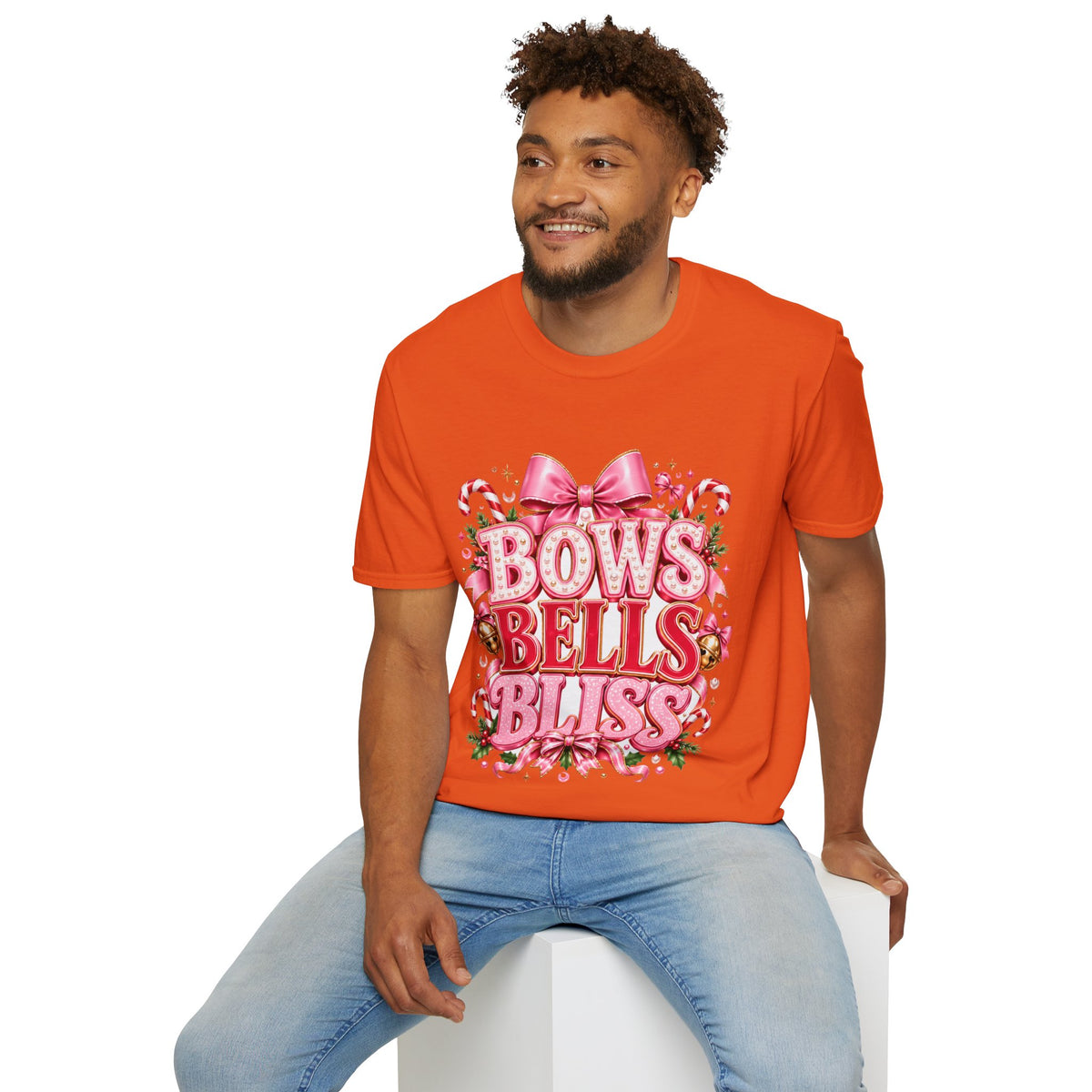 Bows Bells Bliss Christmas T‑Shirt — Pink Holiday Bow Graphic