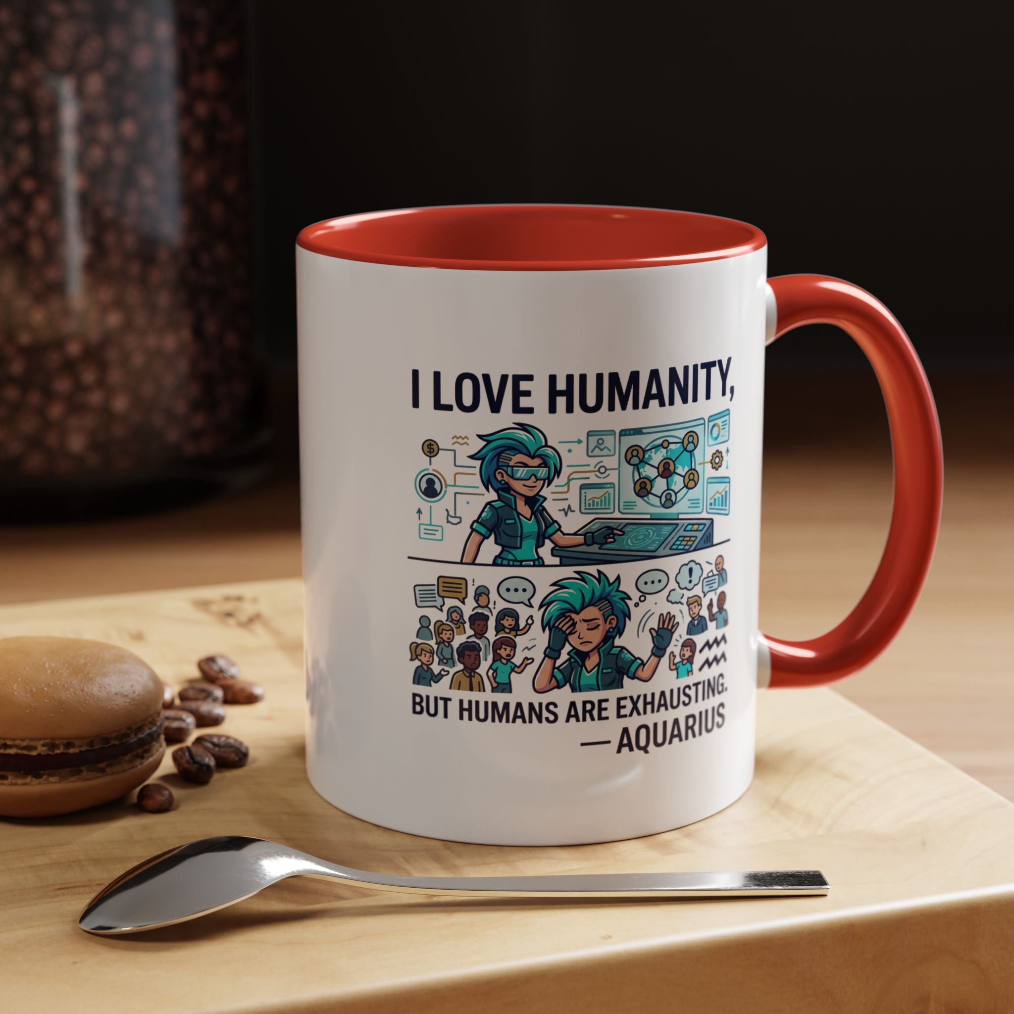 Aquarius Zodiac Coffee Mug — "I Love Humanity, But Humans Are Exhausting" Accent Mug