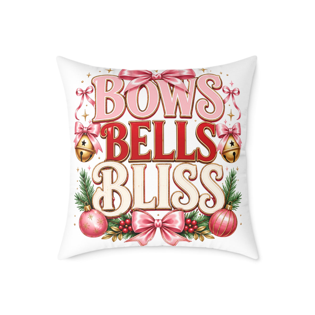 Christmas Bows Bells Bliss Square Poly Canvas Pillow