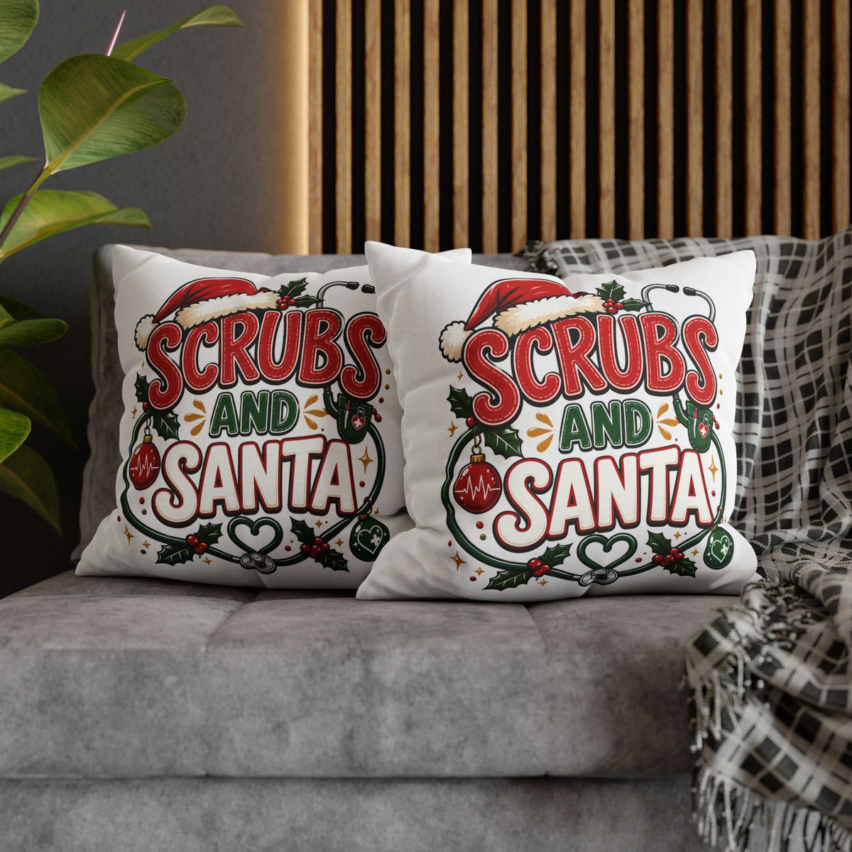 Christmas Scrubs and Santa Holiday Pillowcase – Christmas Nurse Decorative Throw Pillow Cover