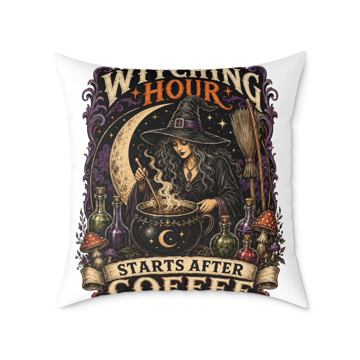 Halloween Witching Hour Pillow — 'Witching Hour Starts After Coffee' Gothic Witch Decorative Cushion