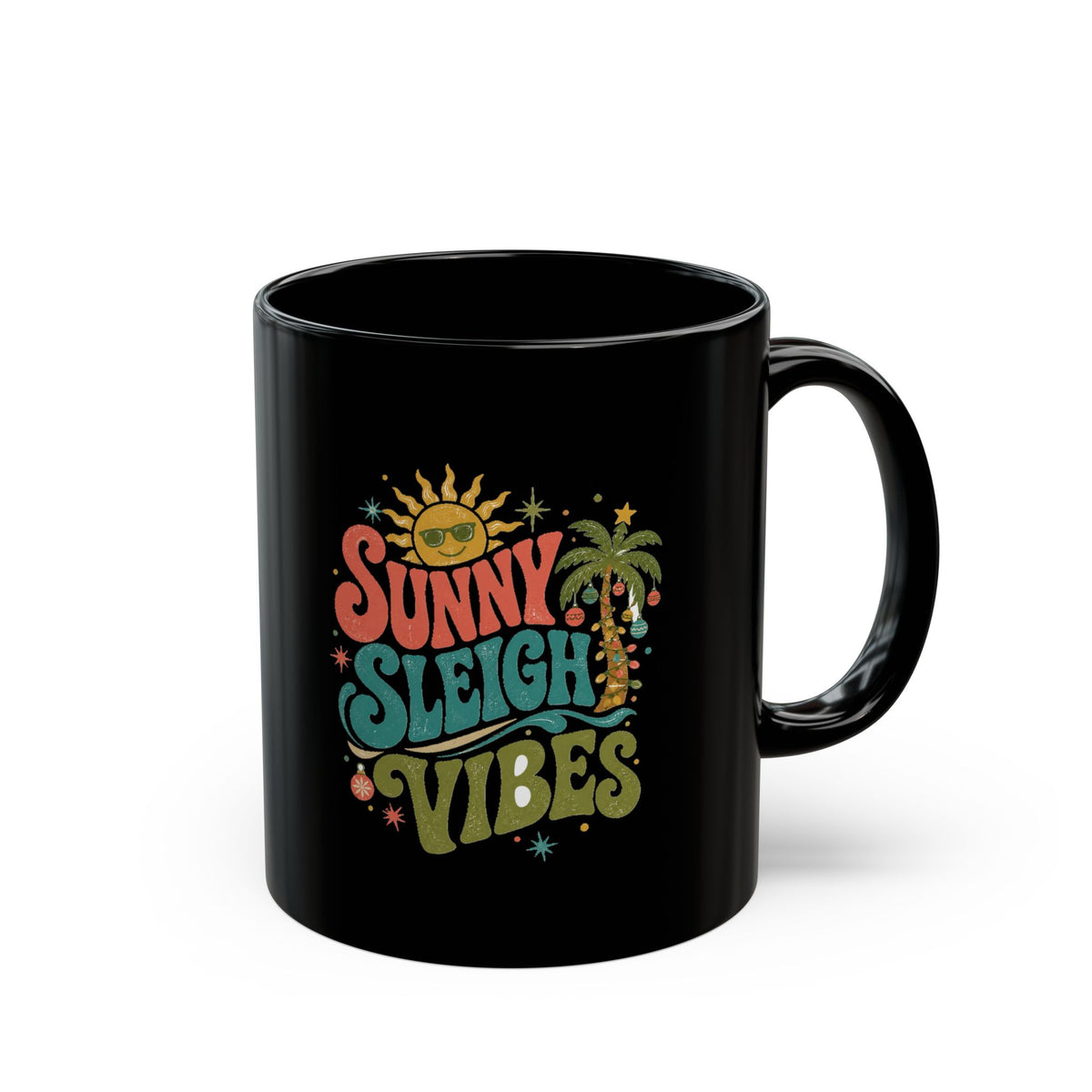 Modern Day Christmas Sunny Sleigh Vibes Black Mug — Retro Holiday Coffee Cup