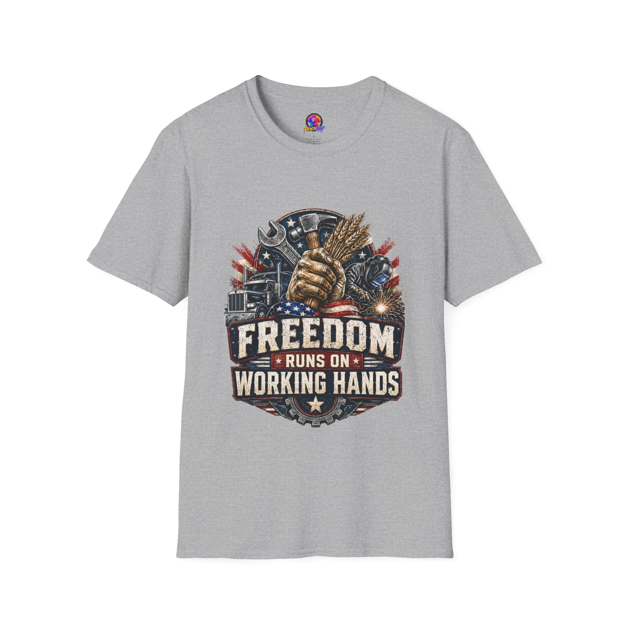 Freedom Runs on Working Hands T-Shirt — Patriotic Mechanic Tool & Wheat Design